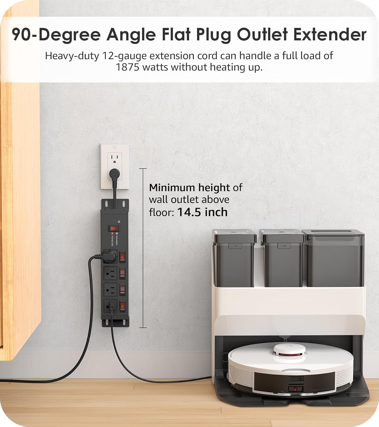 CCCEI 20 Amp Individual Switches Outlet Extender, 12 Gauge Short Flat Extension Cord, Kitchen, Travel, Garage, Industrial Heavy Duty Power Strip Surge Protector. 0.2FT, Black.