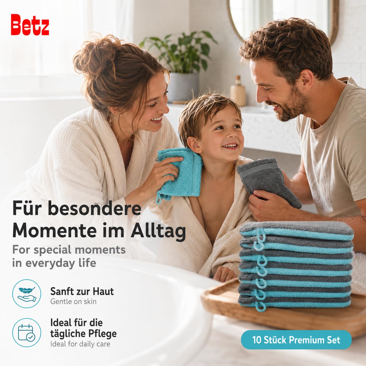 Betz Paquete de 10 Manoplas de baño Premium 100% algodón 16x21cm de Color Gris Antracita y Turquesa