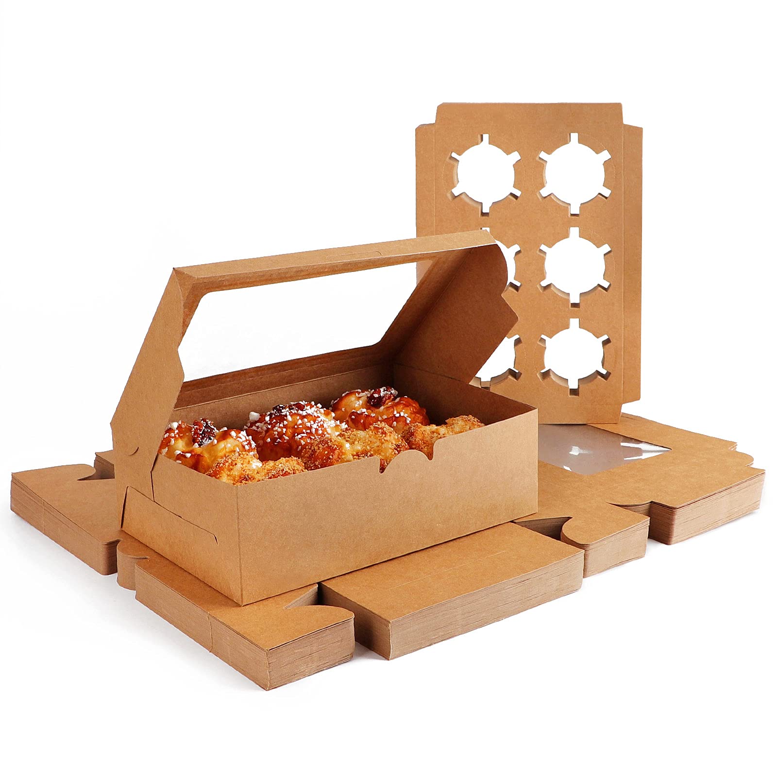 Photo 1 of **USED/POSSIBLE MISSING ITEMS** Cupcake Boxes, Eusoar 50pcs 9.4" x 6.2" x 3.0" Food Grade Kraft Muffin Cupcake Box Carrier Packaging with Insert and Display Window, Cupcake Boxes Fits 6 Cupcakes or Muffins Kraft, 6 Cakes 50pcs