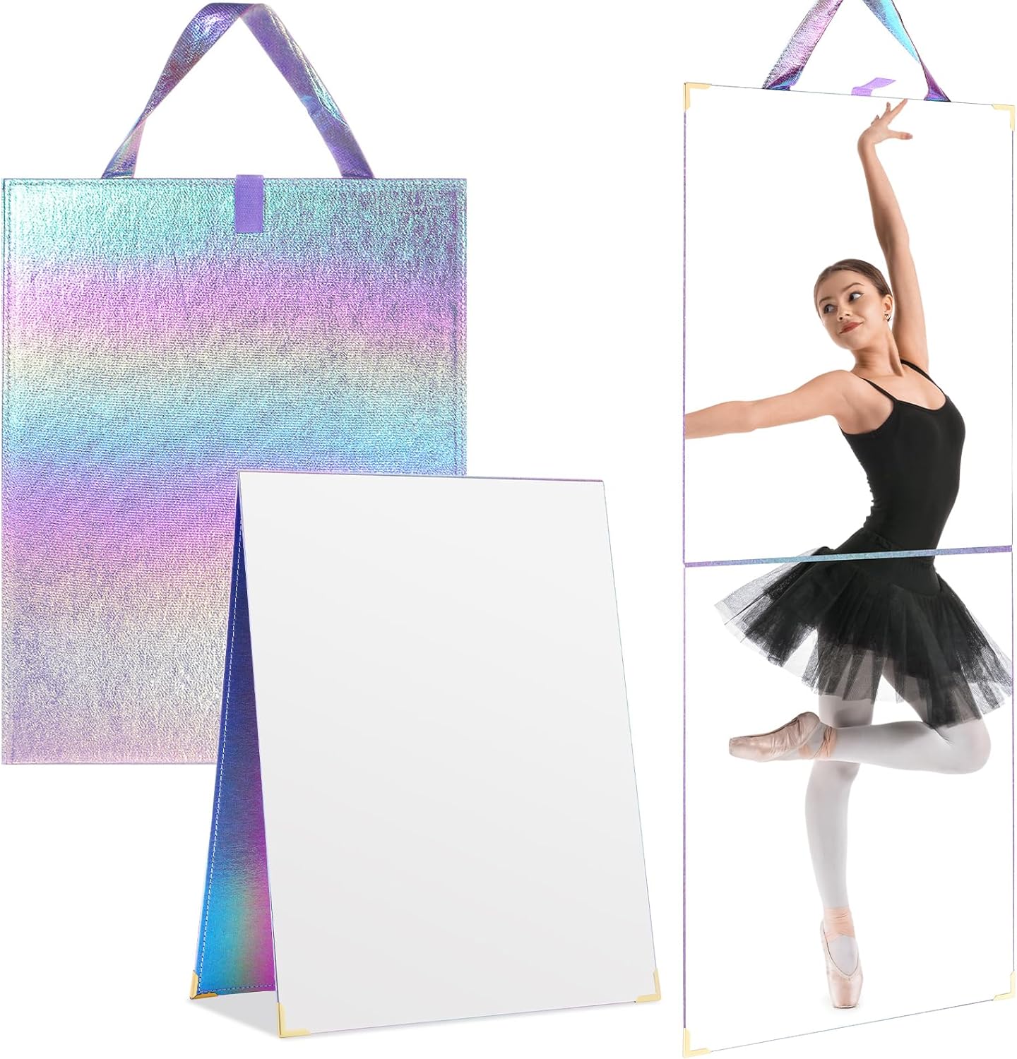 Chunful Frameless Foldable Backstage Mirror with Handle 33 x 13 Inch Portable Full Length Folding Hanging Mirror Rectangular Hot Stamping Fabric for Travel Dance Home Fitness Spa Gift(Purple)