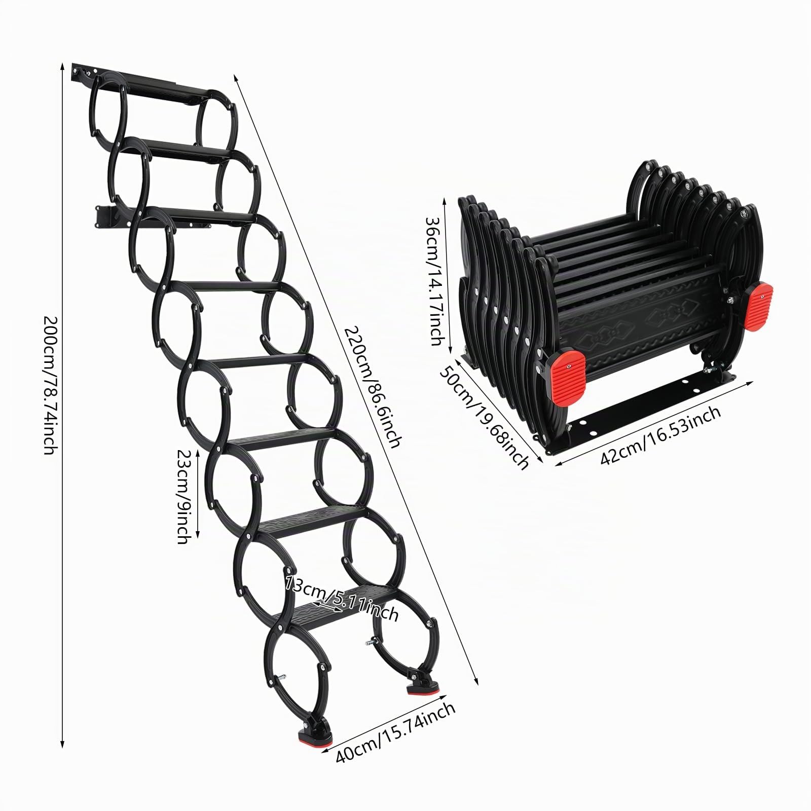 Escalera desplegable para ático, escalera plegable montada en la pared, escalera de acordeón de 8 peldaños para desván, capacidad de carga por peldaño de 200 kg, escalera para ático, garaje, sótano