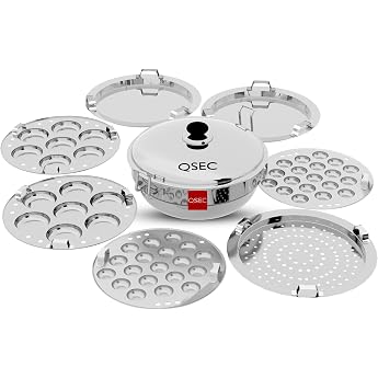 QSEC Edelstahl Induktionsbasis Idli Maker Multi Kadai Dampfer & Herd mit 7 Platten 2 Mini Idli 2 Dhokla 1 Momo 5 Liter