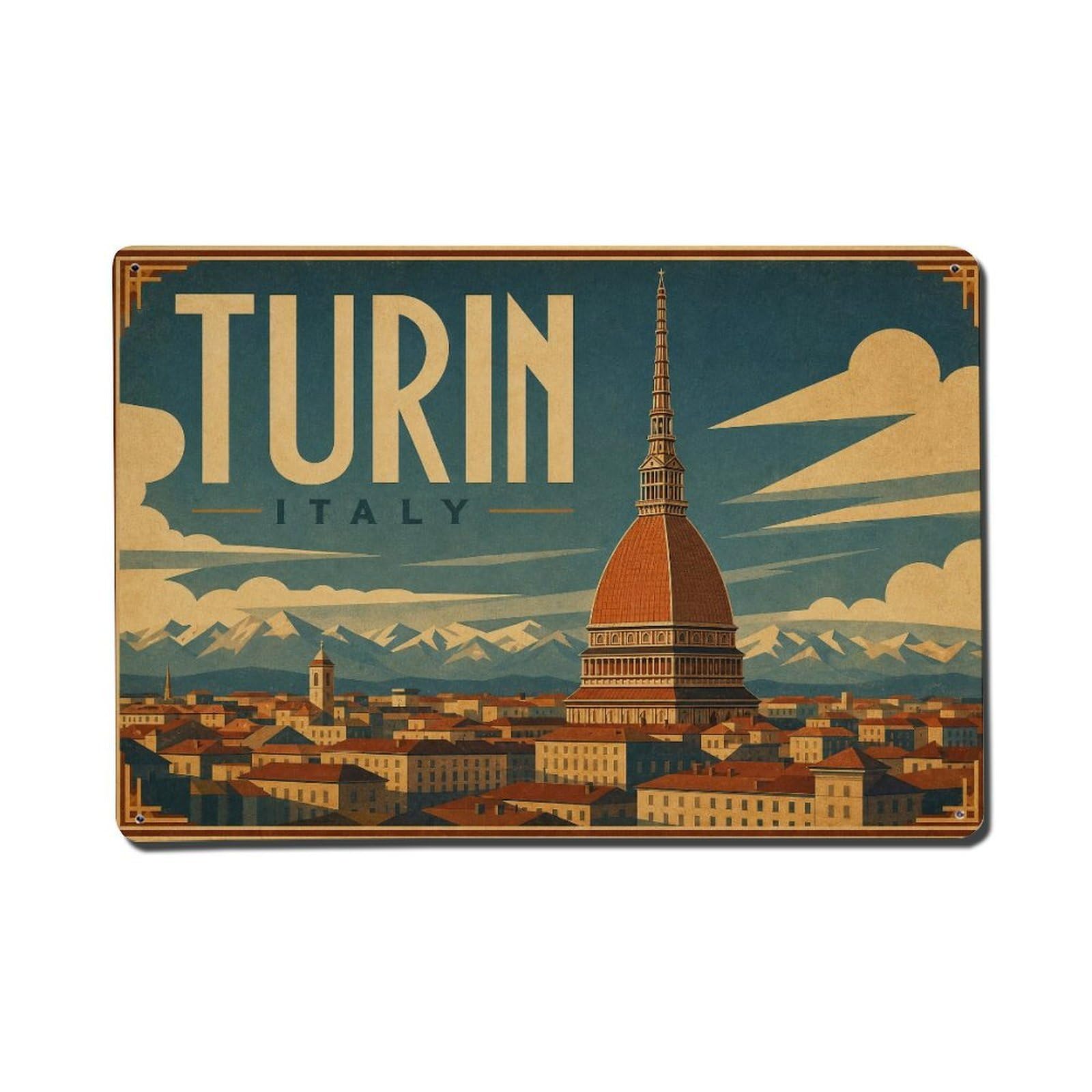 Travel Vintage Italy Turin Metal Tin Sign Plaque Wall Decor for Cafe, Club Bar, Office, Garden Metal Poster 8x12Inch