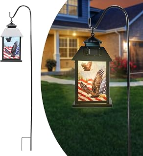 Solar American Flag Lights Outdoor Eagle Garden Lantern with Shepherd Hook | Solar eagle garden light, 3 ft shepherd hook, warm LED string lights, auto on off, IP44 waterproof, red white blue yard decor