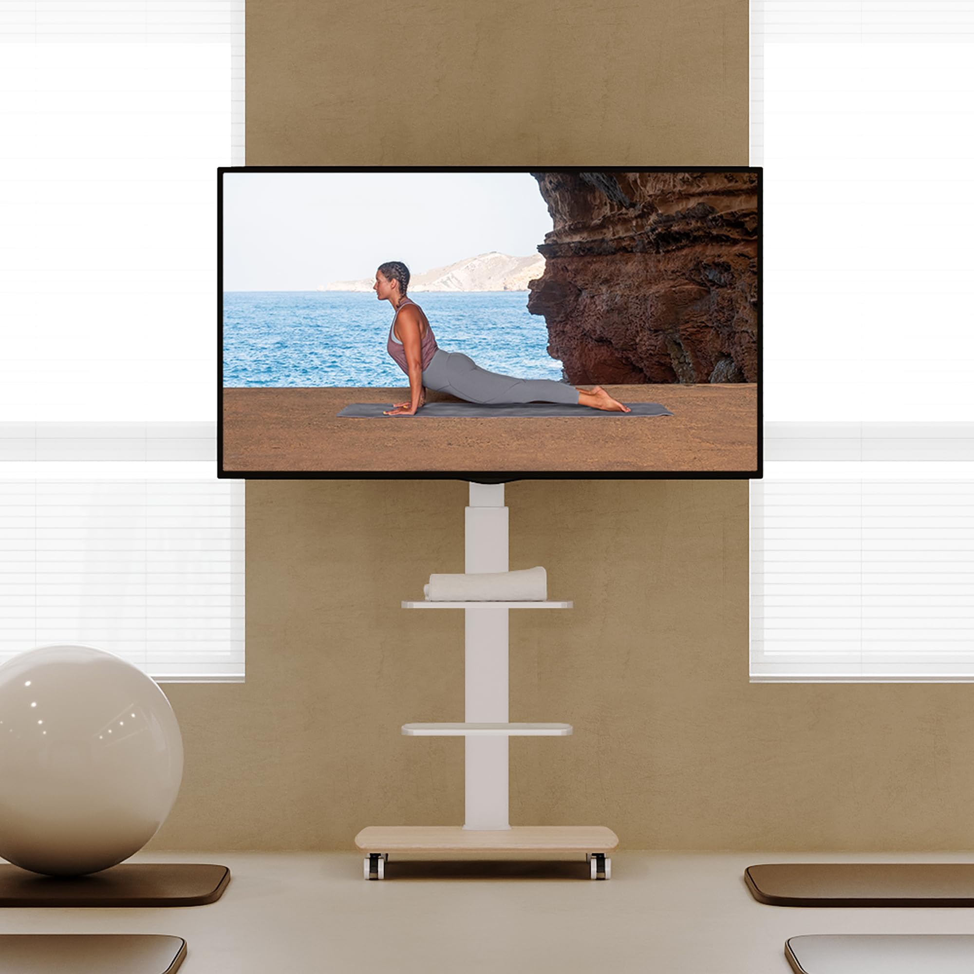 FITUEYES Soporte TV de Pie con Ruedas Blanco para Pantallas de 32 a 70 Pulgadas,Giro de 60°,MAX VESA 600 * 400mm,Ajuste de Altura,Gestión de Cables, Soporte TV Ruedas con 2 Estantes y Base Madera