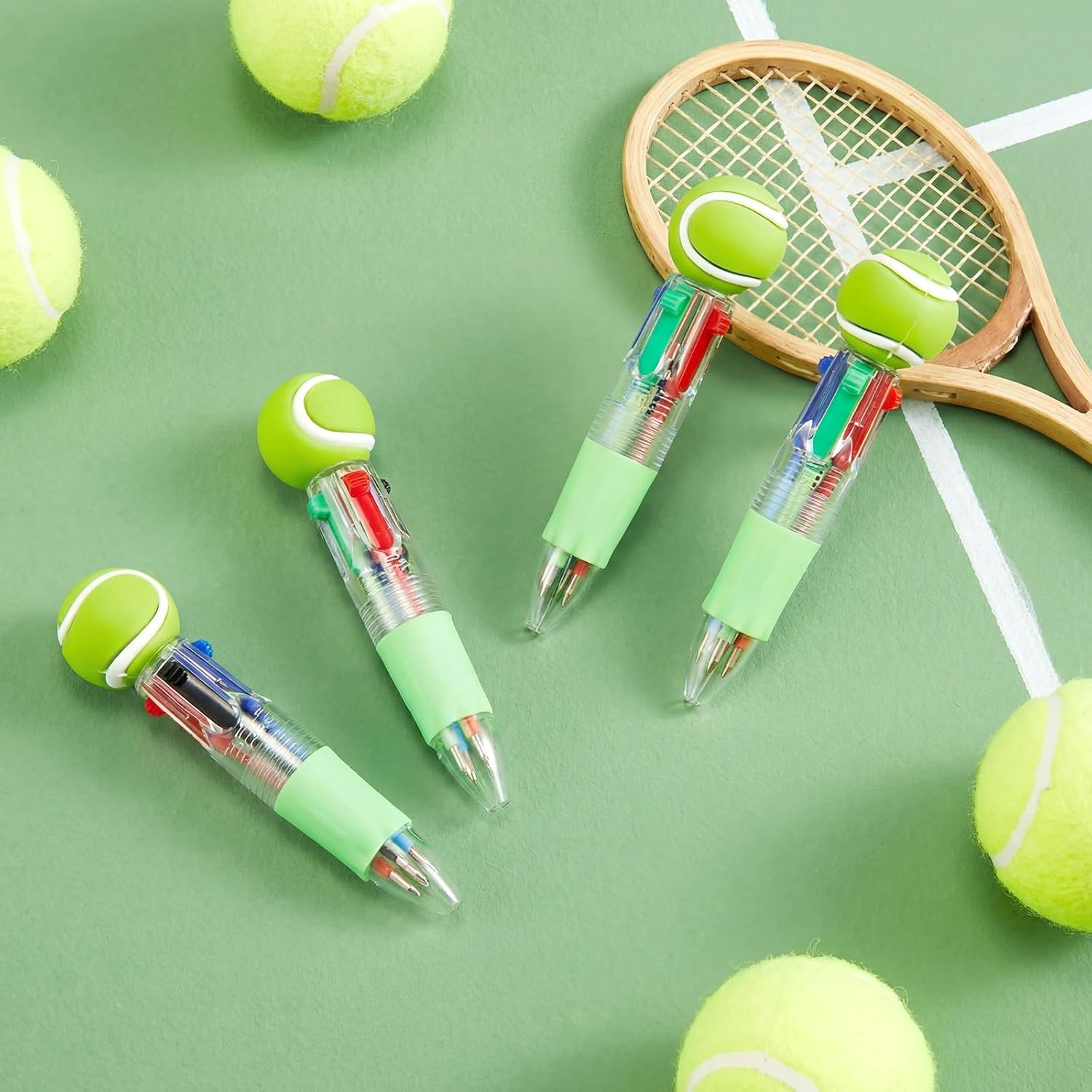 Kosiz 24 Pack Tennis Party Favors Sport Pen Multicolor 4 in 1 0.5mm Ballpoint Pen for Office Sport Lover Novelty Gifts Goodie Bags Stuffers