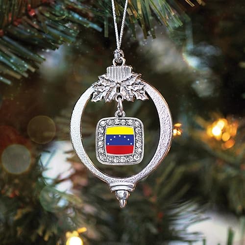 Miniatura 2 de Inspired Silver - Adorno con dije de bandera de Venezuela adornos cuadrados plateados con joyas de circonita cúbica