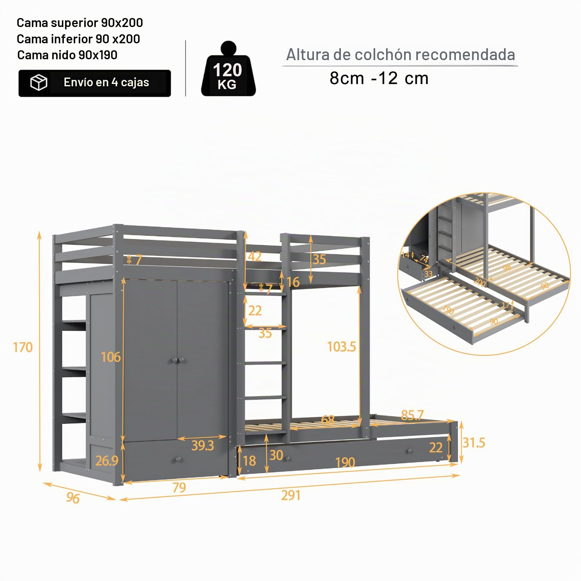 Azkoeesy Litera para 3 Personas, 90x200 + 90x190 cm, con Cama Nido, Armario Empotrado y estanterías, cajón, somier, barandilla, Cama Triple, para Adolescente y Adulto, Color Gris