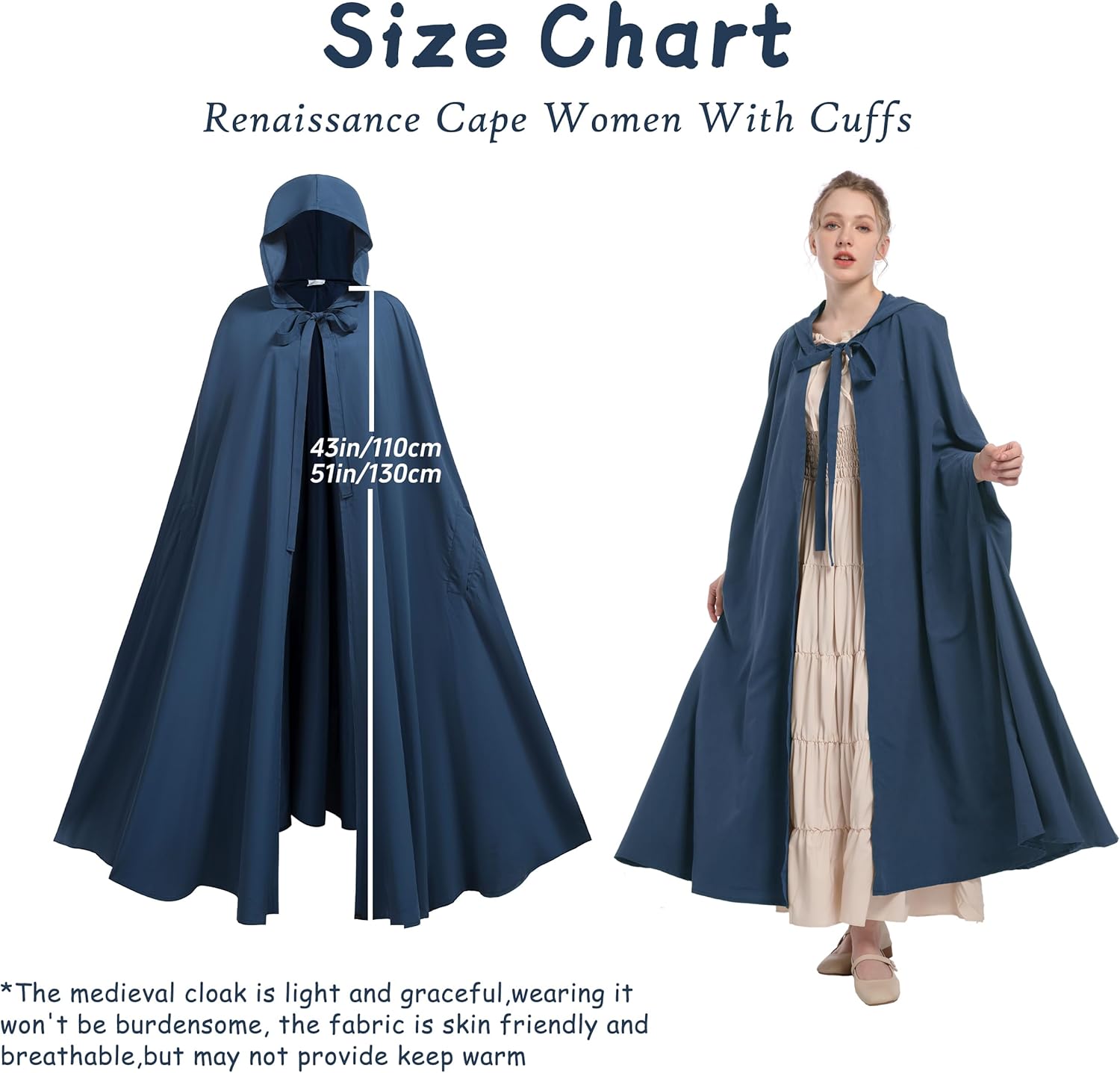 Renaissance Cloak Women,Medieval Cloak with Hood,Adult Hobbit Cape with Arm Holes Halloween