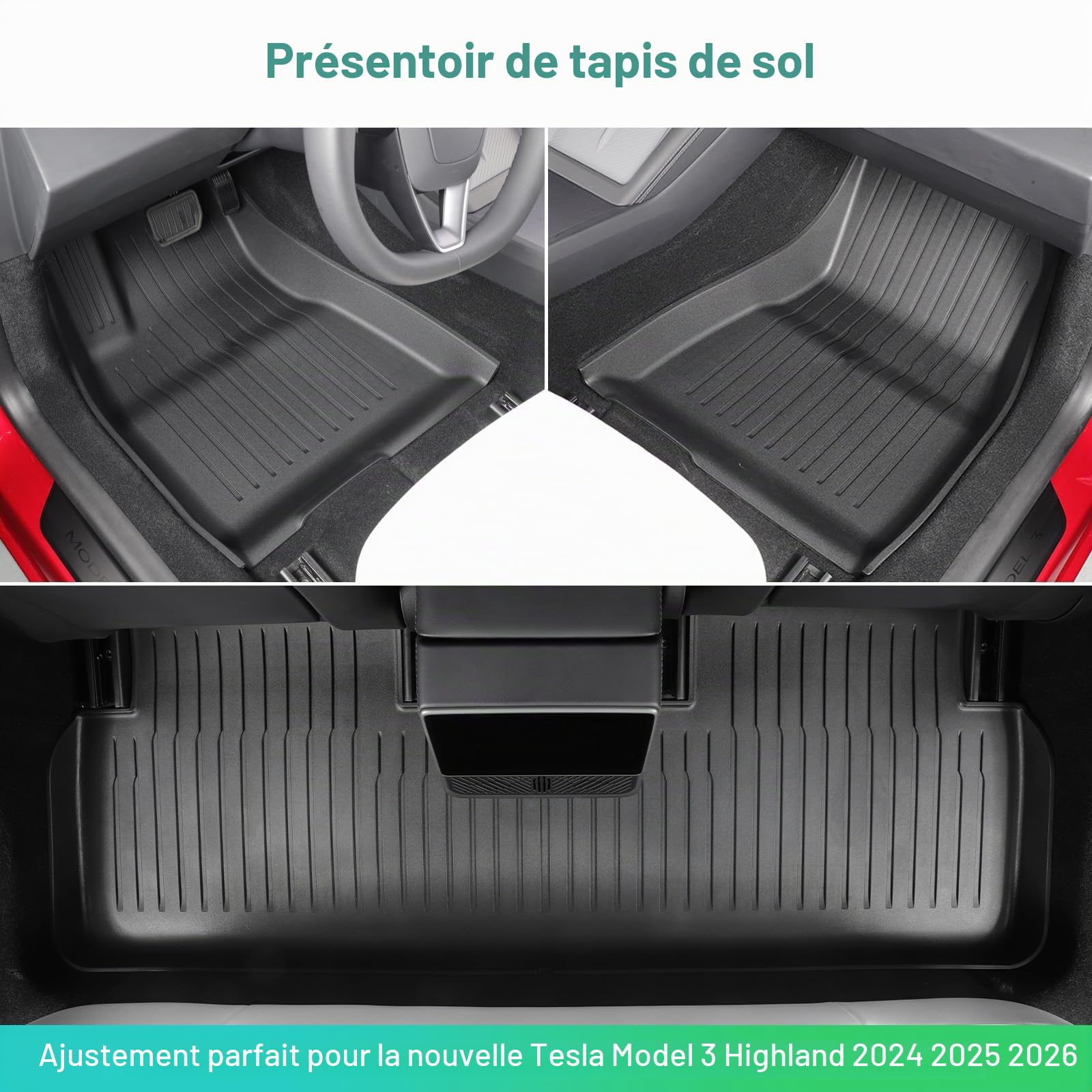 GAFAT Nouveau Tesla Model 3 2026-2024 (Standard & Premium) Tapis de Sol, Model 3 Highland Tapis Caoutchouc TPE Protecter Toutes Saisons, Original Scanner 3D, Bord Extra Haut 6-10 CM, Facile à Nettoyer