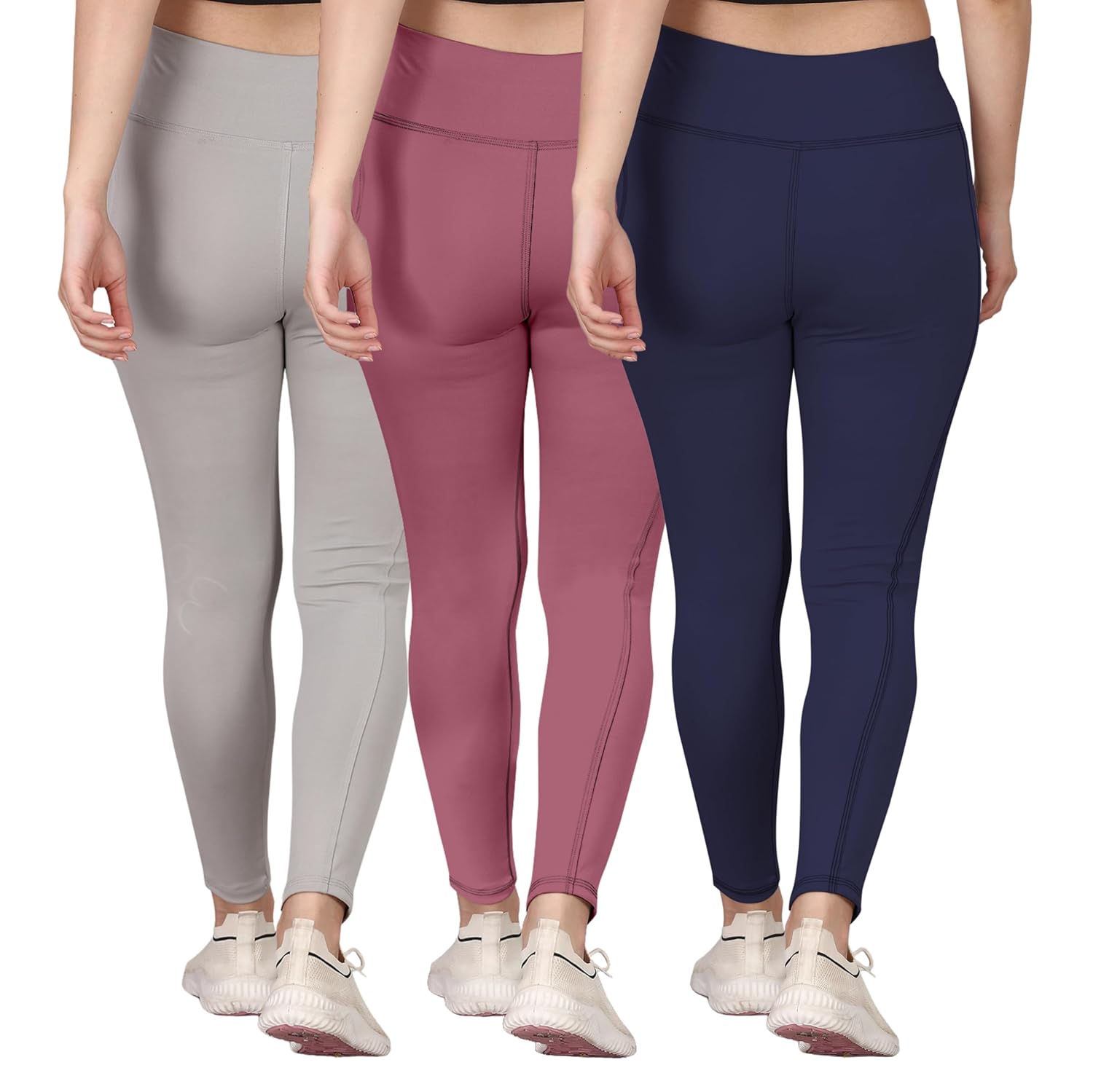 Women’s Polyester Stretchable Leggings with Solid Print High Waist Cargo Style Slim Fit and Standard Length | Activewear Tights | Gym Fitness Leggings | Daily Use Set | Pack of 3
