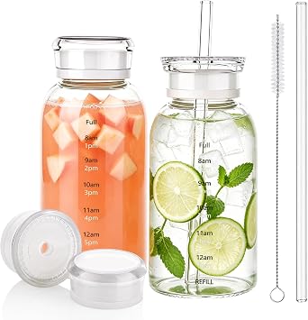 12oz Glass Juice Bottles with Lids and Straws, 2 Pack