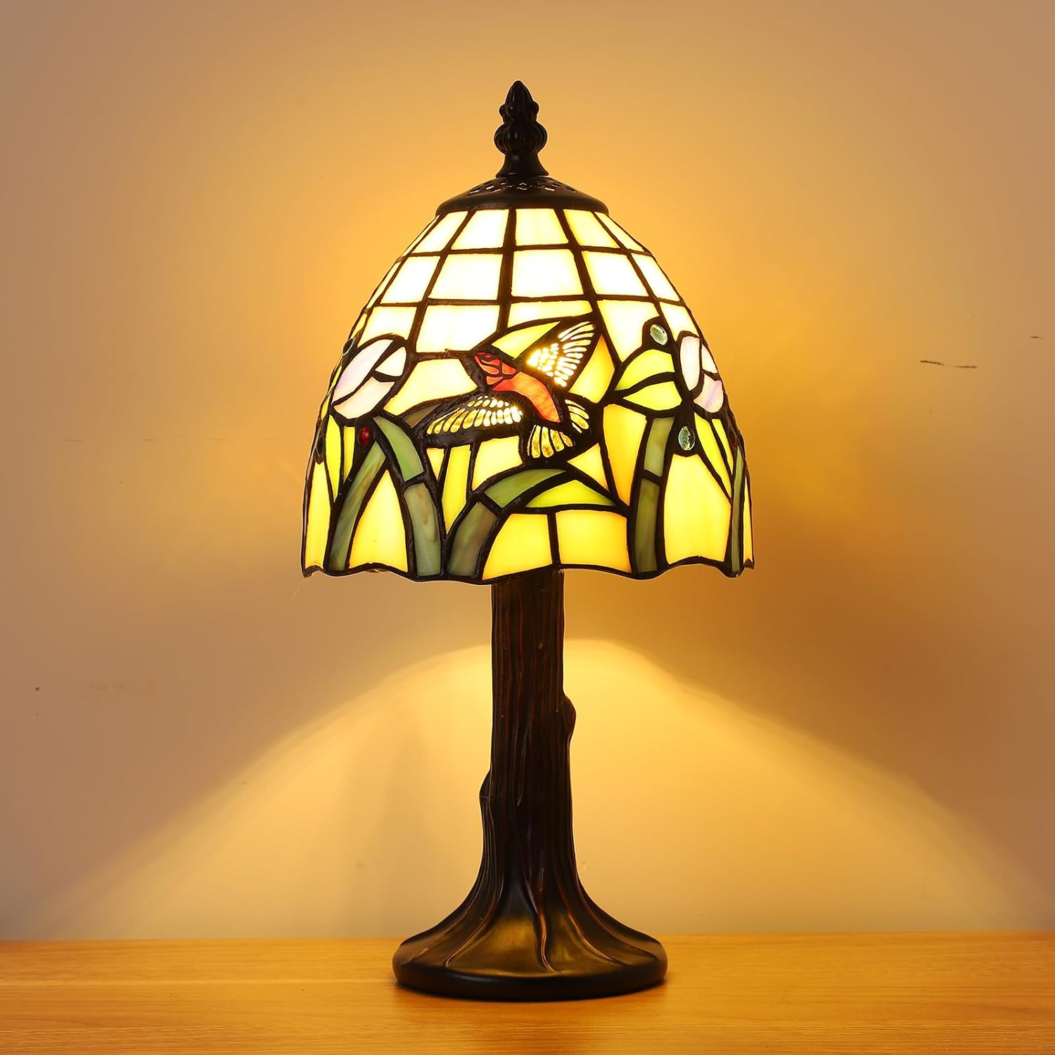 Small Tiffany Table Lamp,3 Color Temperature Hummingbird Stained Glass Table Lamps for Living Room, Dining Room,Bedroom Bedside Nightstand Night Light,W/LED Bulb,6X6X13Inch