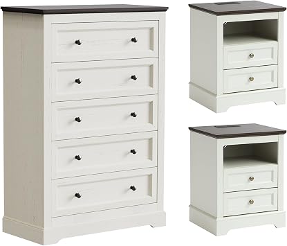 LOUVIXA Farmhouse Bedroom Sets of 3, 3Pcs Farmhouse Dresser Set, Including 5 Drawer Dressers and Nightstand Set of 2 with Charging Station Off White Sets
