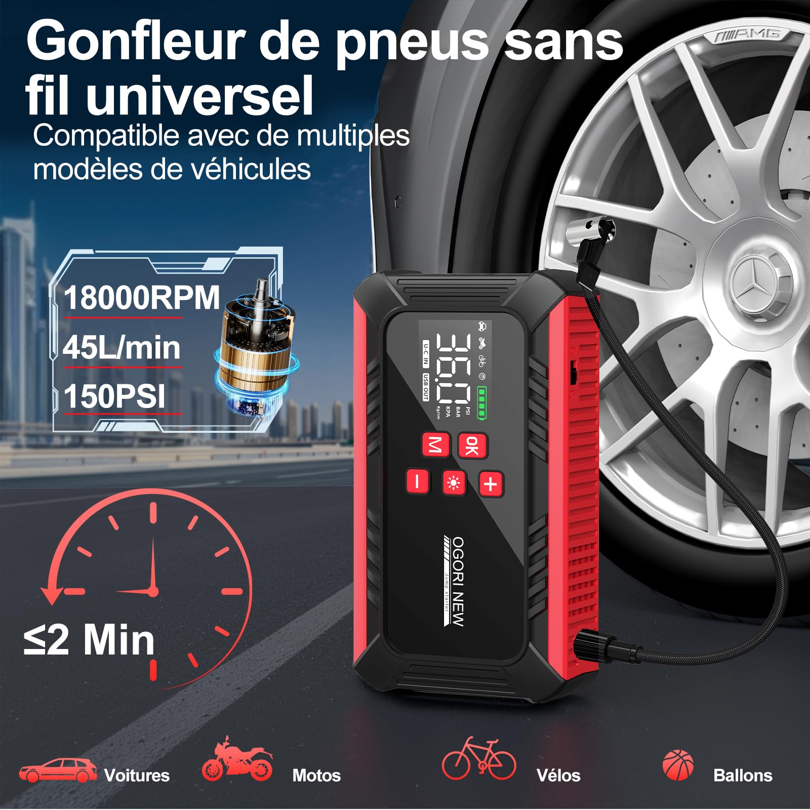 Booster Batterie Voiture 8000A,Demarreur Batterie Voiture avec Gonfleur 150PSI, Demarreur Batterie Voiture(8.0L Diesel/10.0L Gaz),12V Jump Starter pour Véhicule avec lumière LED/Écran LCD