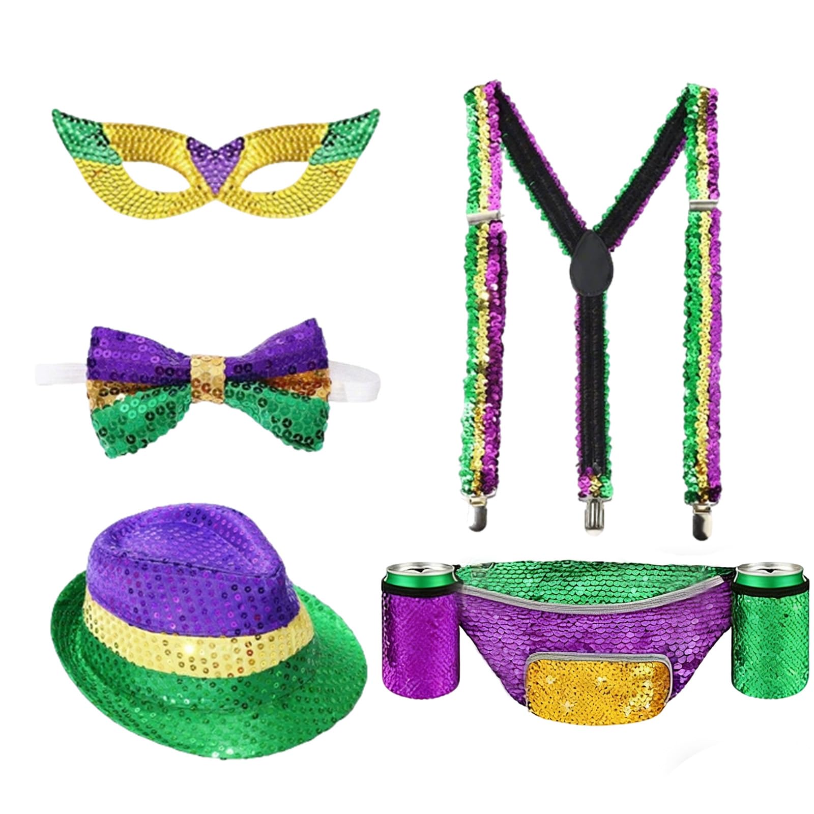5 Pcs mardi gras Costume Accessories,Sequin Fanny Pack With Drink Holders Hats Bow Tie Masquerade Mask, mardi gras Outfit For Men Women Party Decorations Supplies