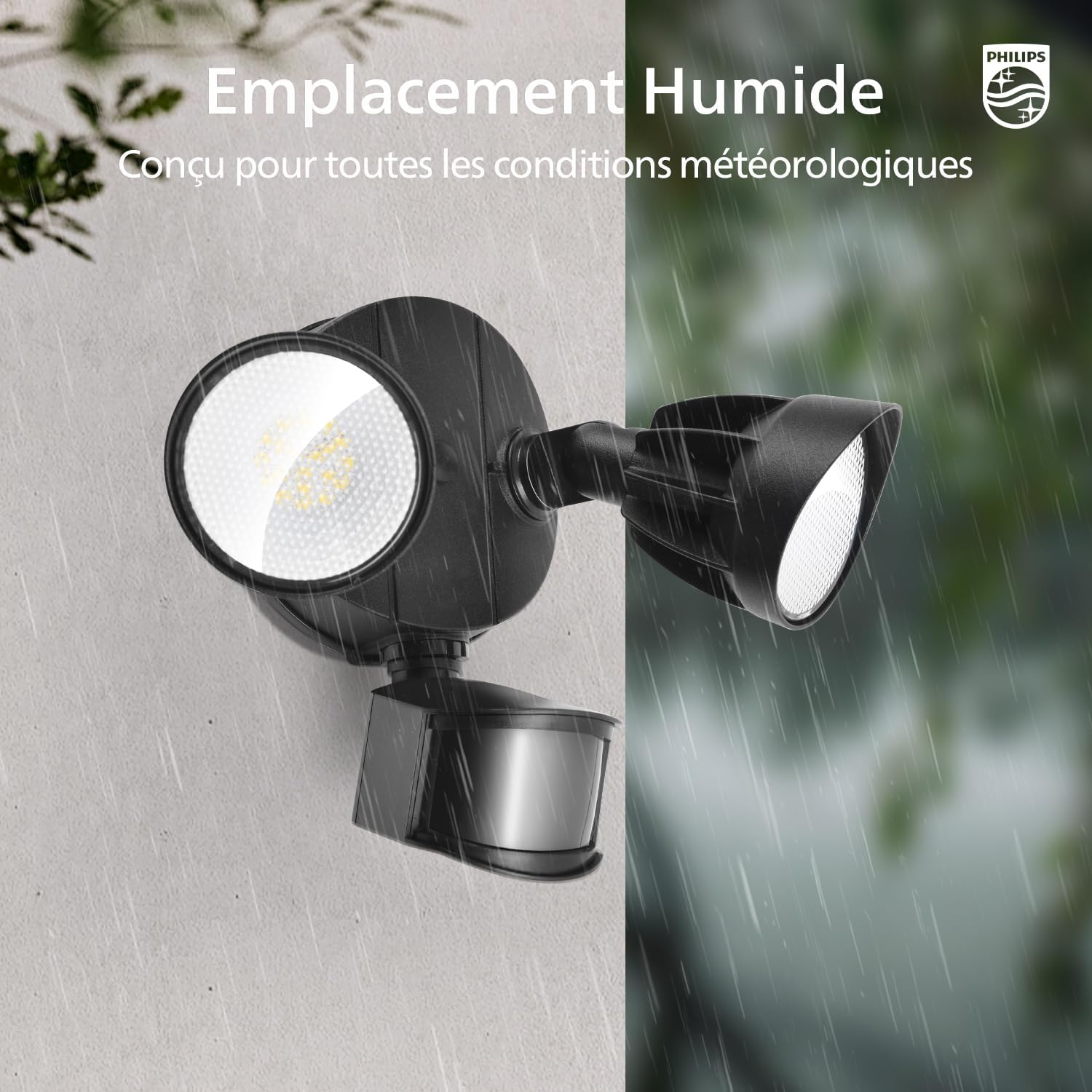 Philips security light shown in both dry and rainy conditions, emphasizing its suitability for humid locations and all weather conditions.