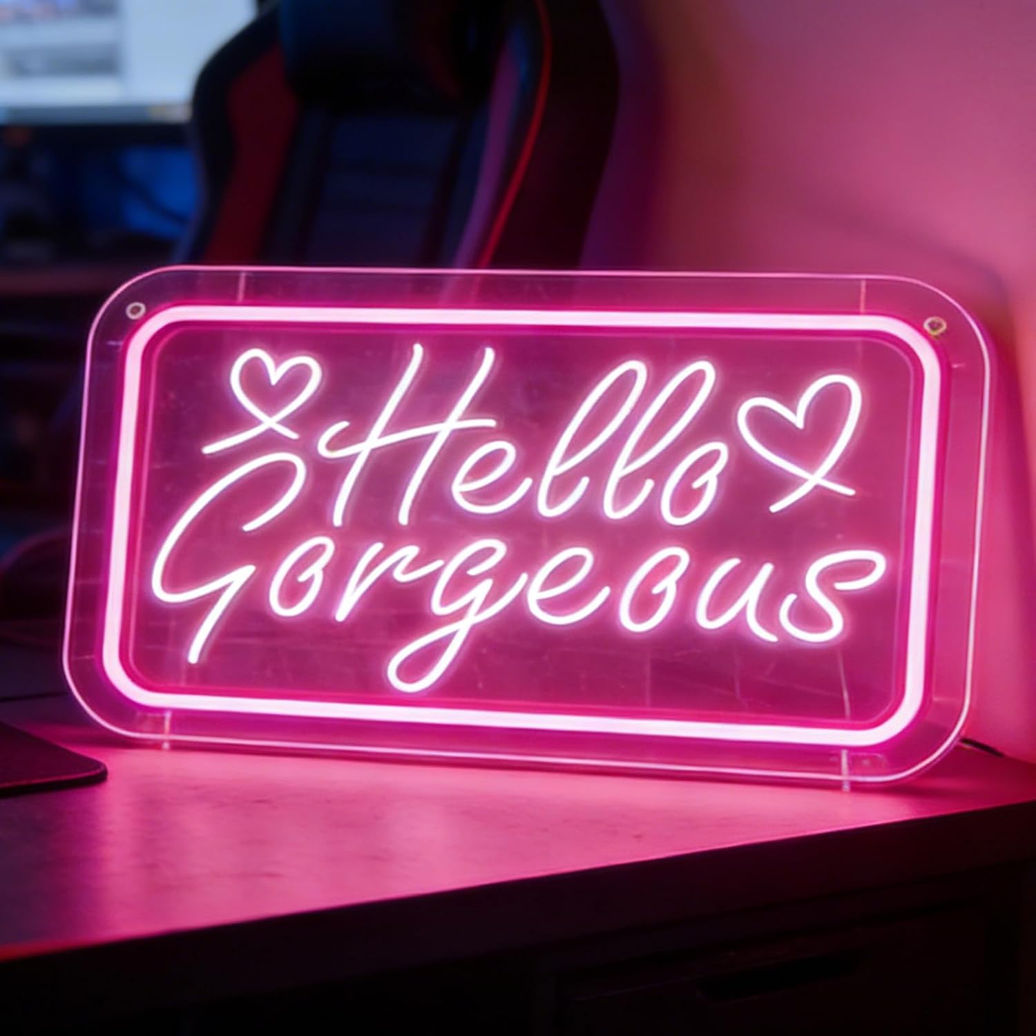 Hello Gorgeous Neon Sign for Wall Decor Pink Heart Light Up Letters Led Sign Birthday Party Signs Led Decorative Night Signs Room Decorations Christmas Party Gifts for Girls Friends Home