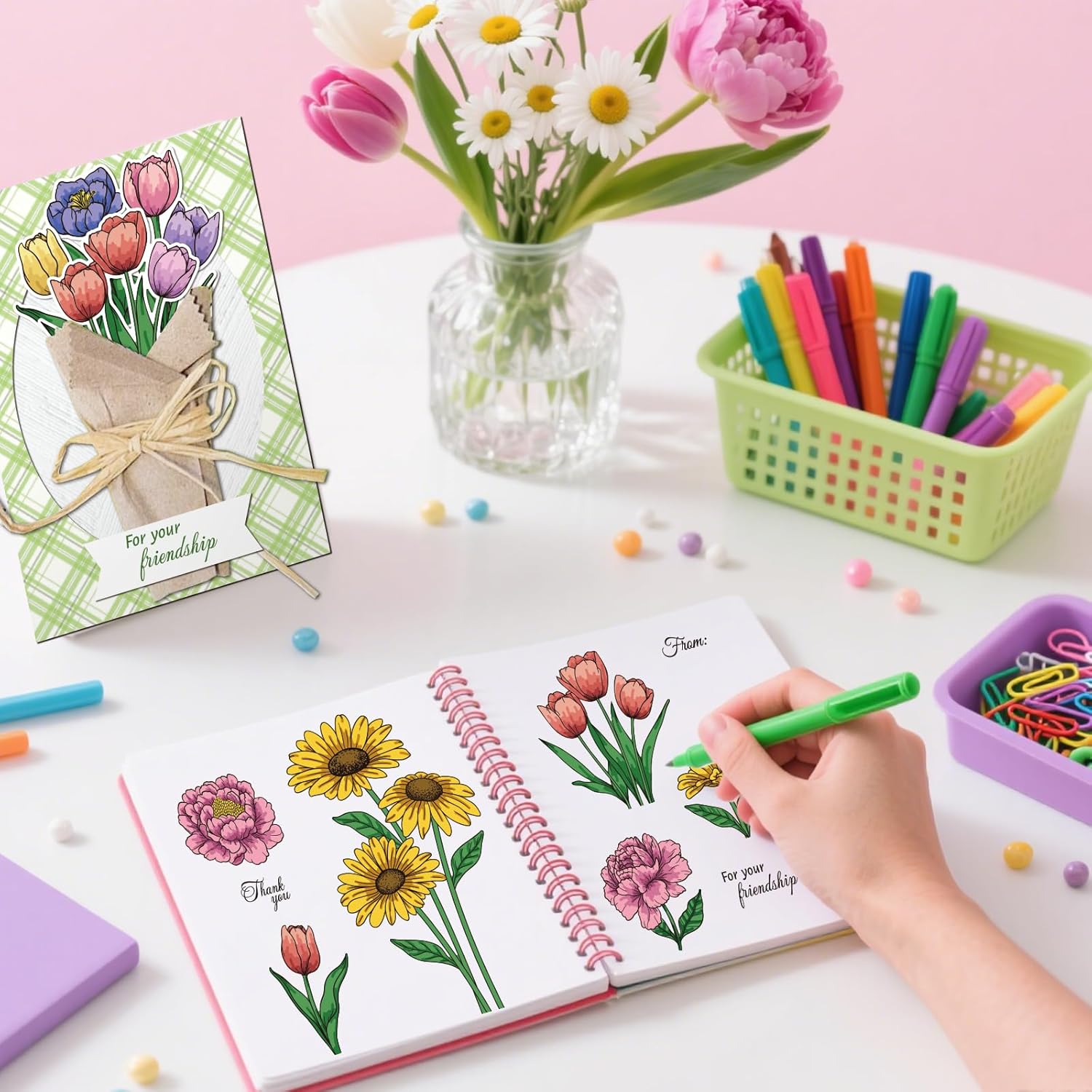 3 Sets Flower Clear Stamps & Cut Dies & Painting Stencils Daisy Tulip Peony Silicone Stamp and Cutting Dies Flower Embossing Template Layering PET Coloring Stencil for Card Making DIY Craft