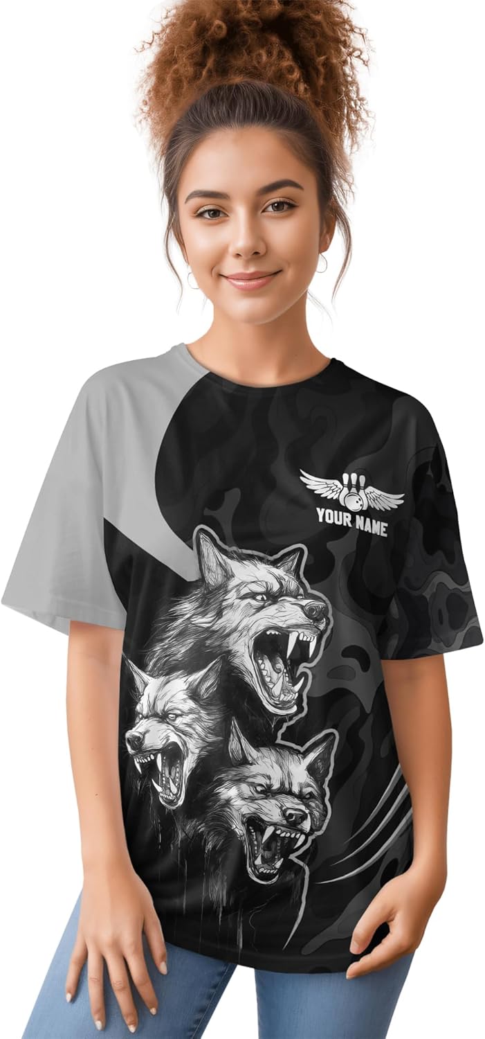 Men's Bowling Short Sleeve Tshirt Personalized Wolf and Bowling Ball Tee Shirt for Beginner Print Bowling Clothing