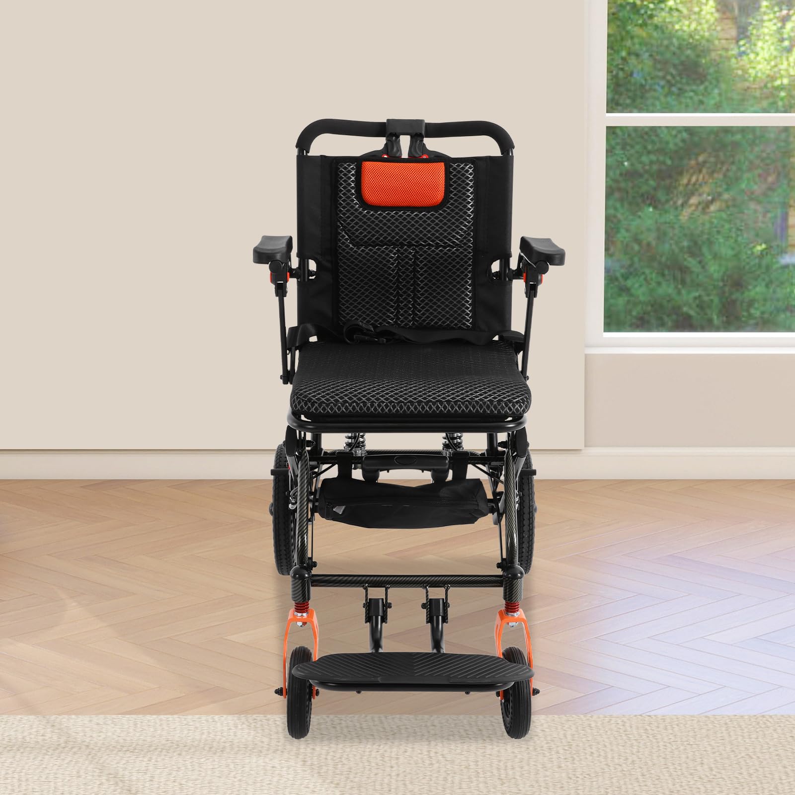 Silla de ruedas portátil plegable ligera de aleación de aluminio con frenos de mano y cinturón de seguridad, para personas mayores para viajar en avión y movilidad, soporta hasta 130 kg
