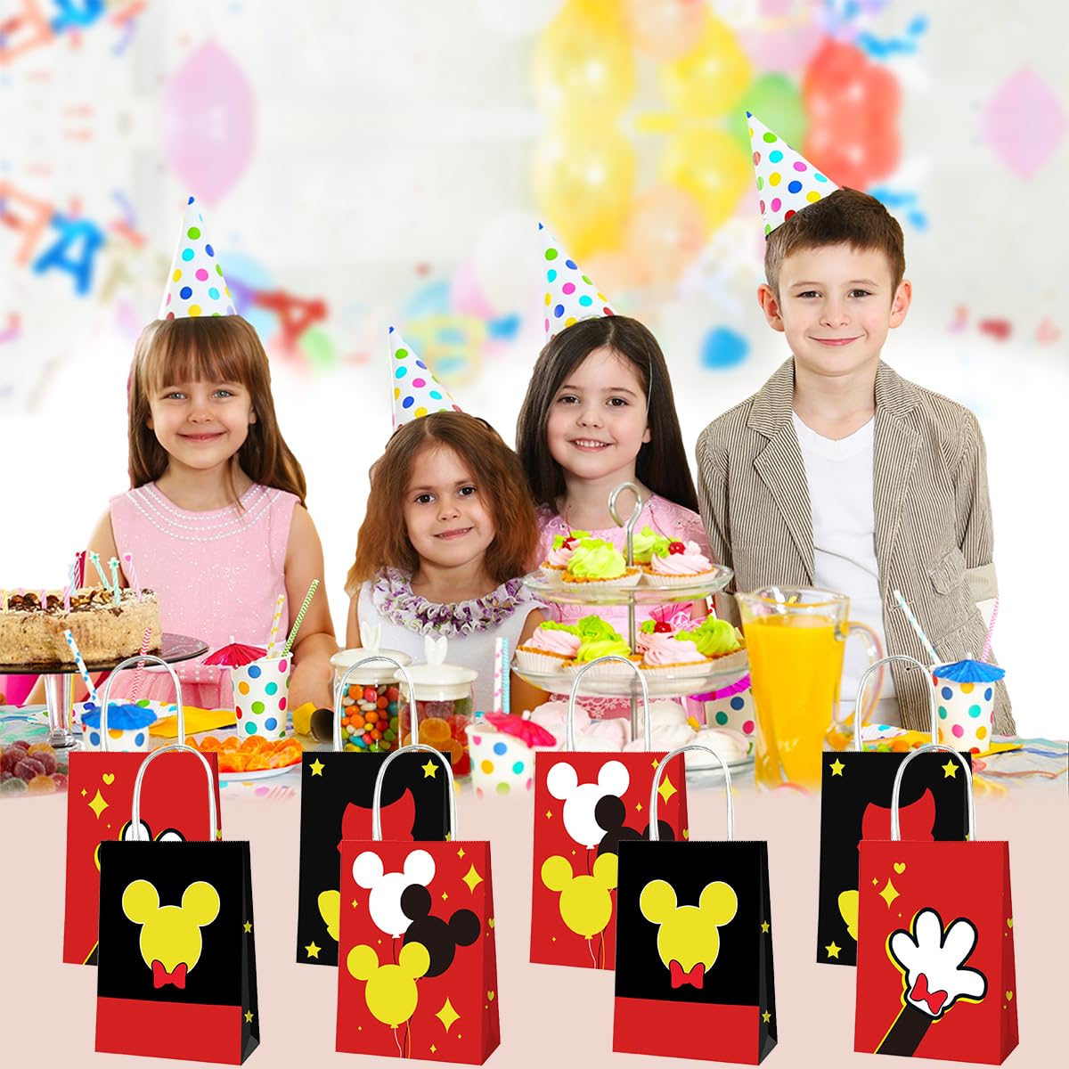 OU RUI 12Pcs Mouse Birthday Party Gift Bag Kids Birthday Candy Snack Carry Paper Bags Cartoon Mouse Theme Party Decoration Supplies
