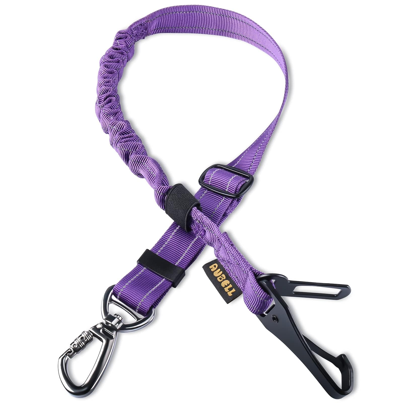 AUBELL Dog Seat Belt for Car,Updated 3-in-1 Adjustable Reflective Bungee Heavy Duty Dog Car Harness Tether with Clip Hook Latch & Buckle,Swivel Zinc Alloy Carabiner,Purple