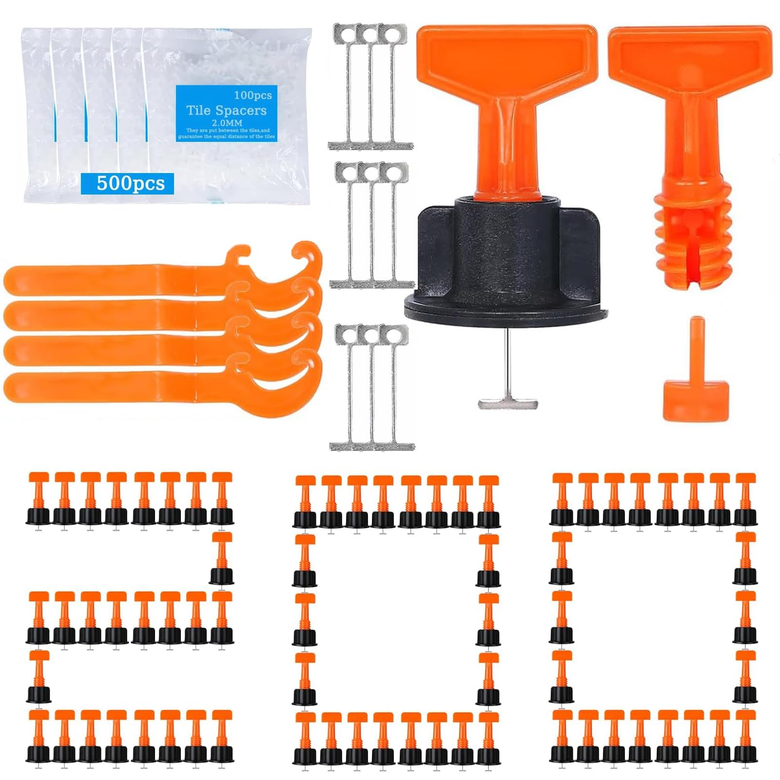 TOMIUS Tile Leveling System 200Pcs Leveler & 4 Special Wrenches & 1000pcs 2mm Spacers 4pcs Wrench Replaceable Spare Steel T-Pin Tools for Wall Floor Adjustment
