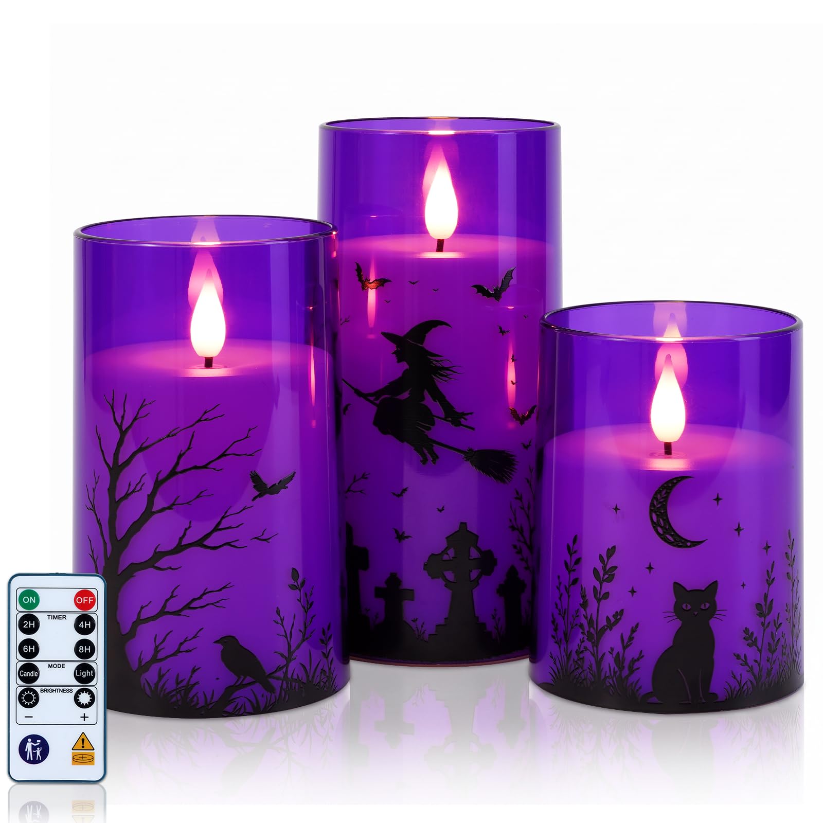 Homemory Purple Halloween Flameless LED Candles with Remote Timer, Set of 3
