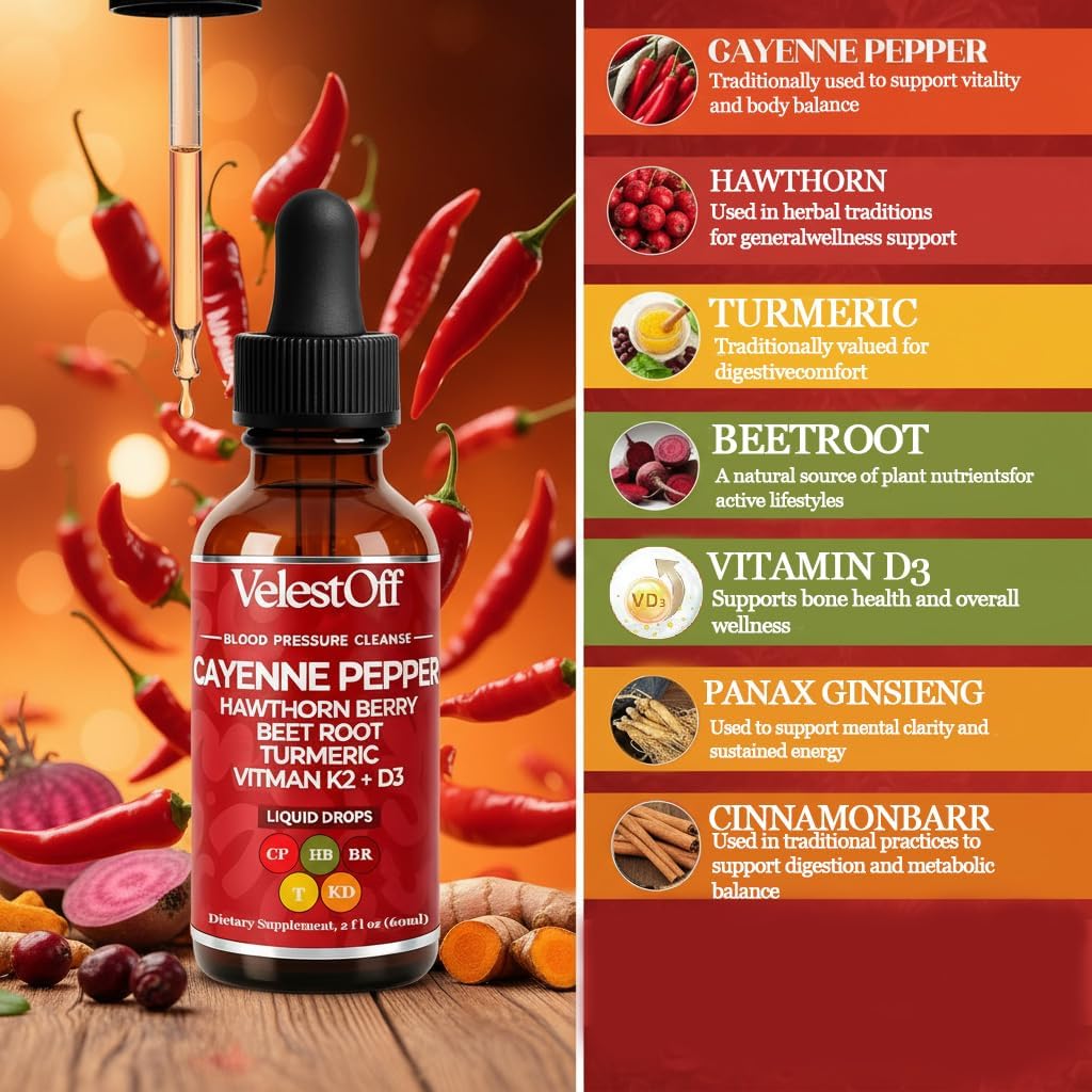 Velestoff Cayenne Pepper Drops Supplement Liquid, Onaise Cayenne Drops - Cayenne Pepper, Hawthorn Berry, Beet Root, Turmeric, Vitamin K2+d3, Immune Support, Energy Boost, 2 fl. oz. - Image 4