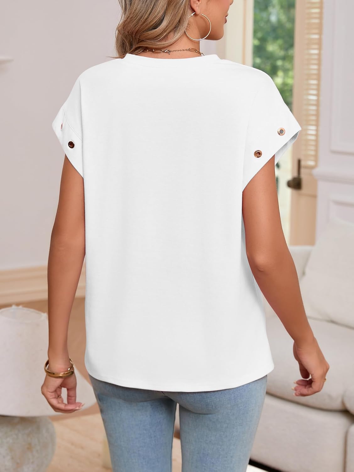 Famulily Womens Crewneck Cap Sleeve with Grommet Detail Tunic Tops Casual Loose Fitting Solid Basic Tee Shirt - Image 4