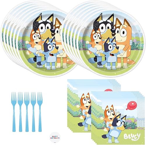 Unique Bluey - Juego de suministros para fiesta de cumpleaños para 16 invitados, platos y servilletas, tenedores, calcomanías, decoraciones de