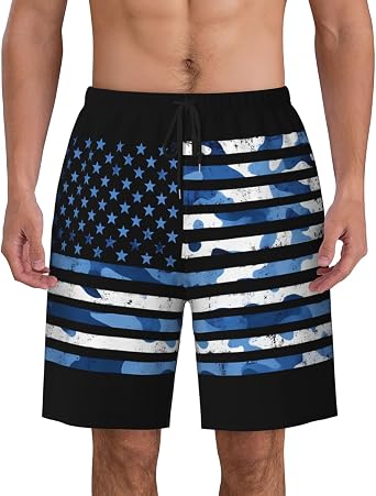 Navy Camouflage American Flag Print Mens Casual Swim Trunks Drawstring Beach Shorts Summer Vacation Short