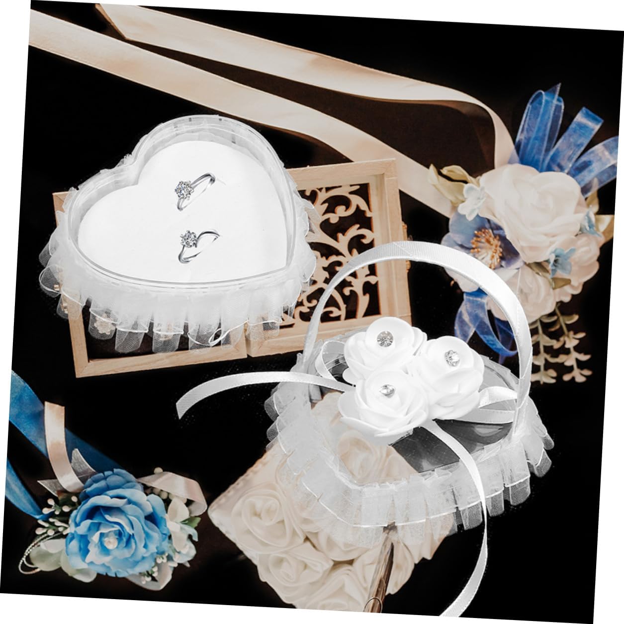UKCOCO 2pcs White Lace Wedding Ring Pillow with Handcrafted Floral Rhinestone Decoration, Heart-Shaped Ring Bearer Cushion for Ceremony and Party Supplies