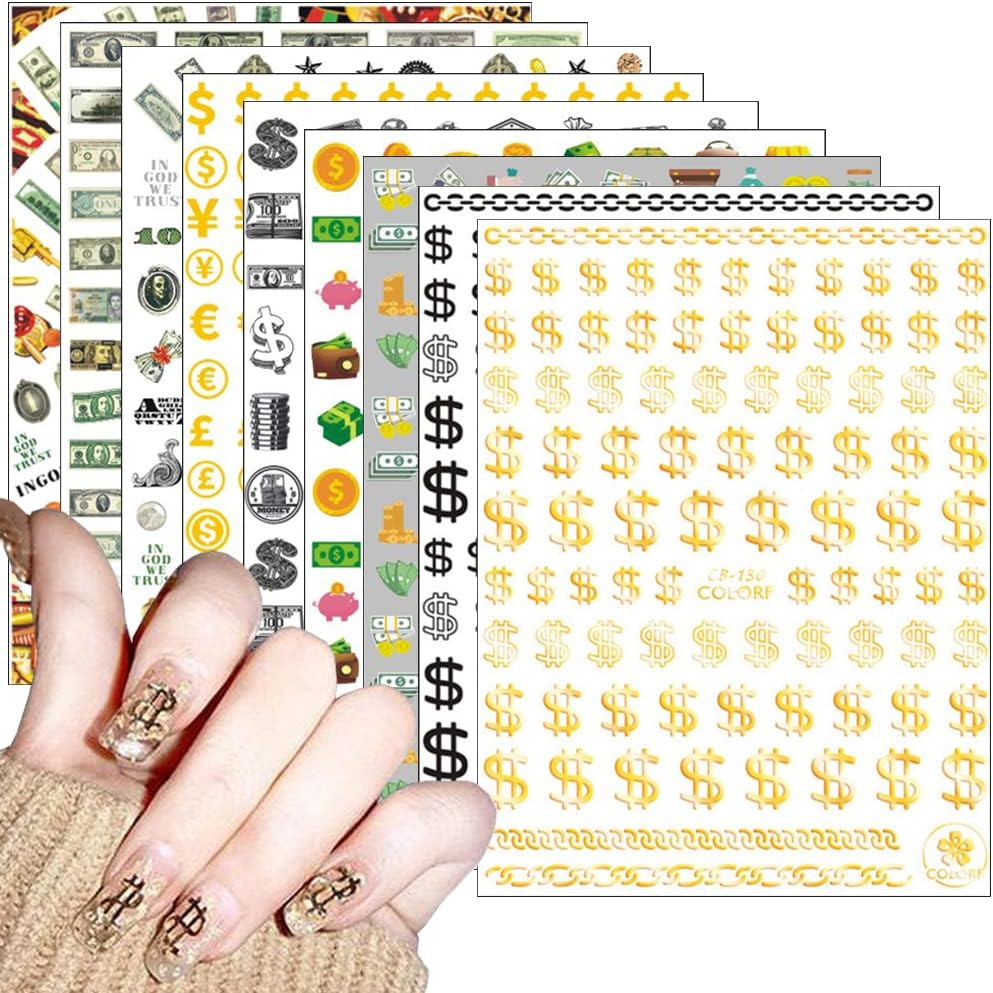 12 Sheets Money Dollar Nail Art Stickers 3D Gold Nail Art Supplies 100 Dollar Sign Self Adhesive Nail Decals DIY Designs Fashion Luxury Designer Nail Sticker Manicure Foil Nail Decorations Accessories