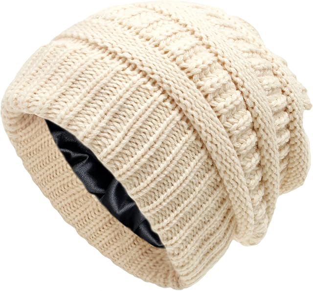 CheChury Beanie Hat for Ladies Winter Hats Satin Silk Lined Cap Knitted Ski Skull Cap Unisex Slouchy Hats Reduce Static Electricity