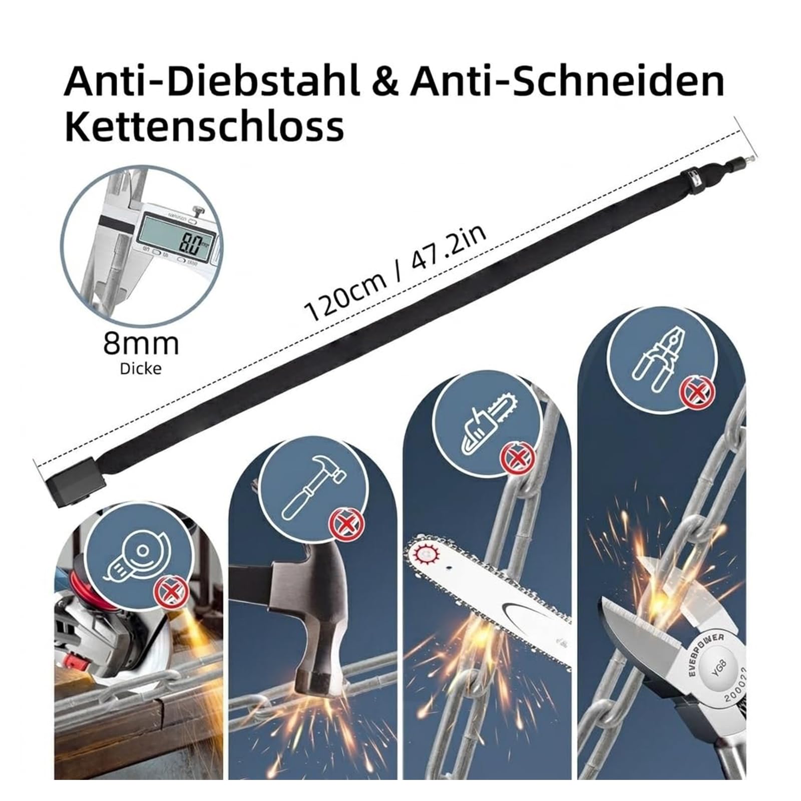 E Scooter Schloss, Fahrradschloss mit Alarm 110dB, Anti-Diebstahl E-bike Kettenschloss, USB-C aufladbar, IP55 Wasserdicht, 1200mm/8mm Kettenschloss, mit Fernbedienung & Schlüssel &Tasche für