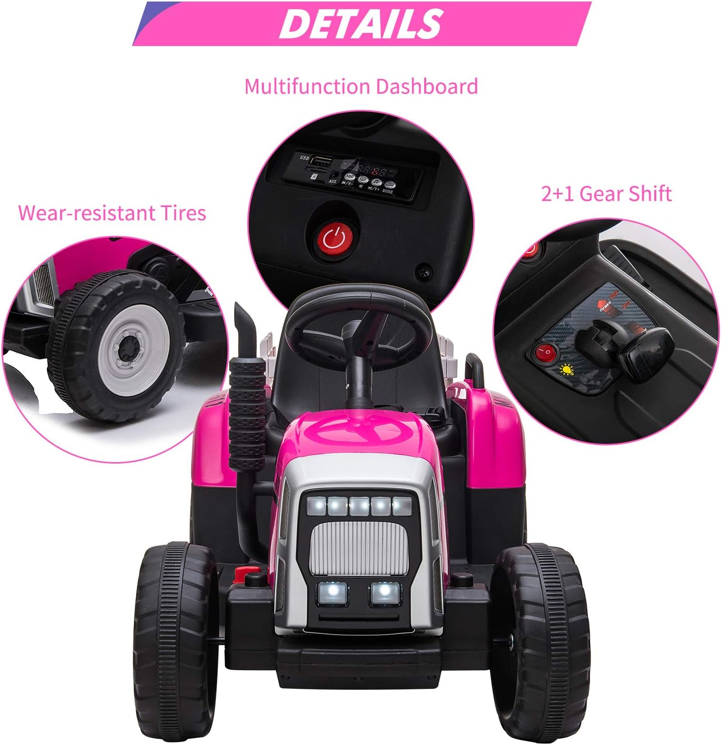 12V Kids Ride On Track,Battery Powered Electric Tractor with Trailer,Treaded Tires with Dual 25W Motors/RC,7-LED Lights,MP3 Audio-Rose Red
