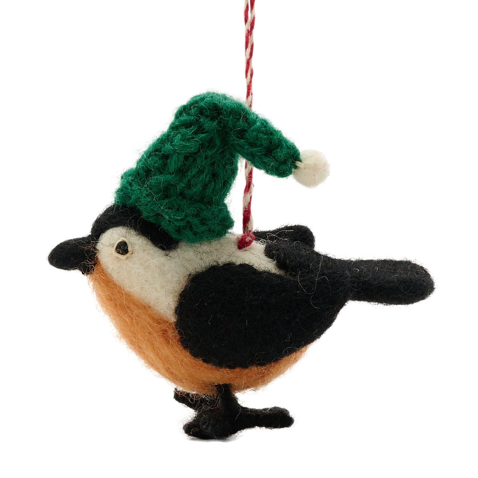 Widdop and Co Felt Bird Christmas Tree Hanging Decoration Green Hat Woodland Ornament