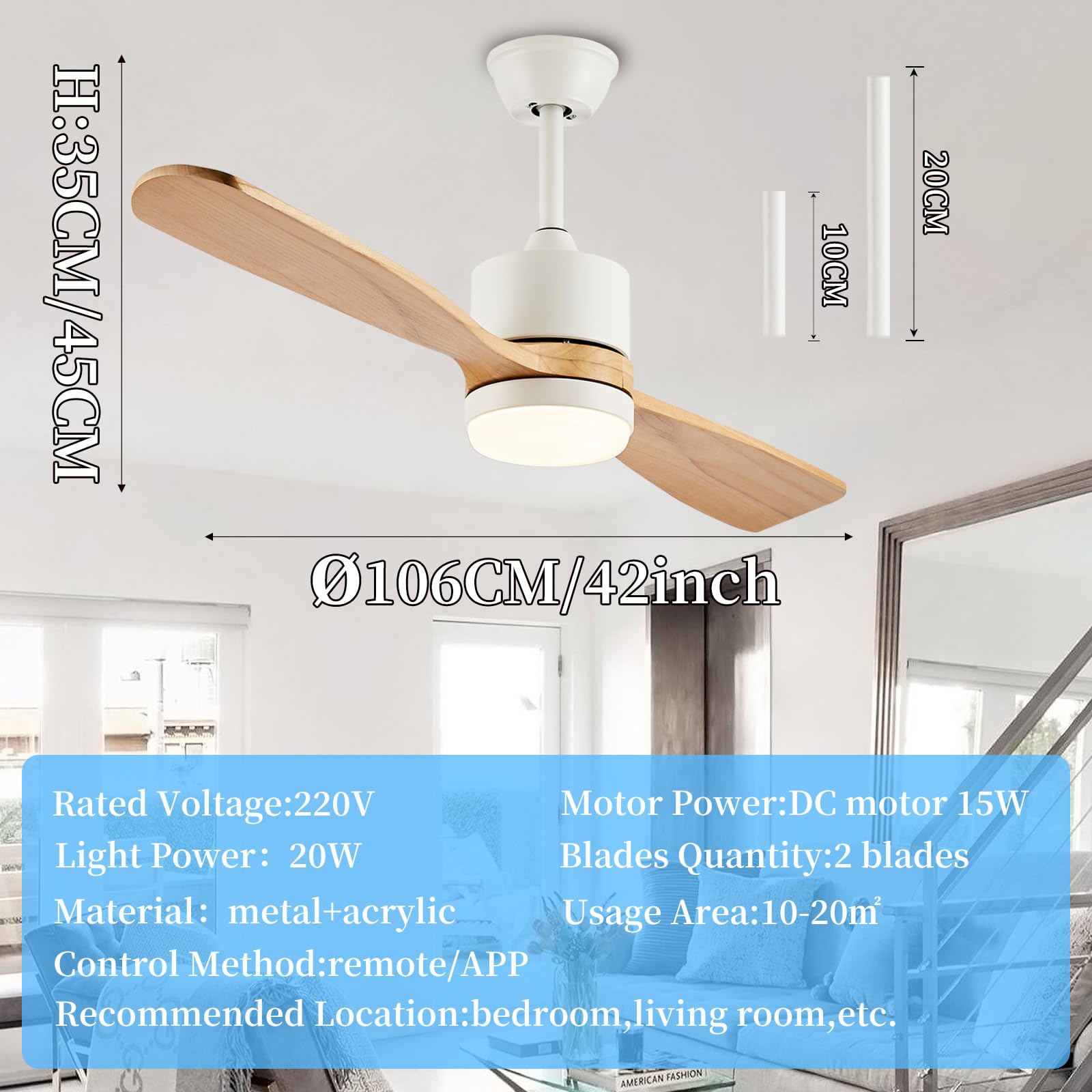Lustre Ventilateur De Plafond LED Avec Telecommande Silencieux 6 Vitesses Réglable Suspension Luminaire Pour Chambre Salon Réversible 2 Bois Pales Plafonnier Ventilateur Design-A||106CM