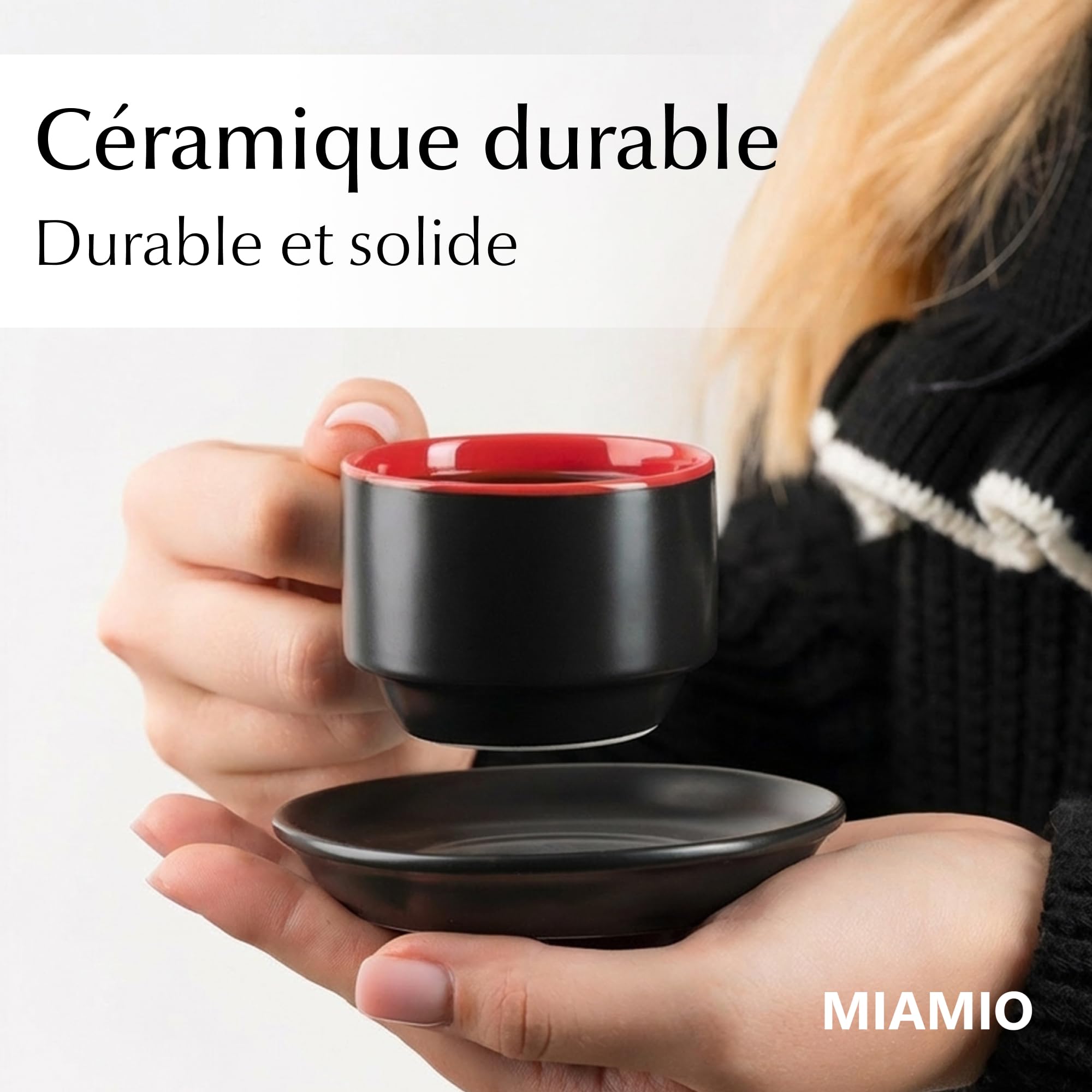 MIAMIO - 6 x 75 ml Ensemble tasses à expresso en grès tasse expresso en céramique tasse a cafe expresso - Le Papillon Collection (Rouge)