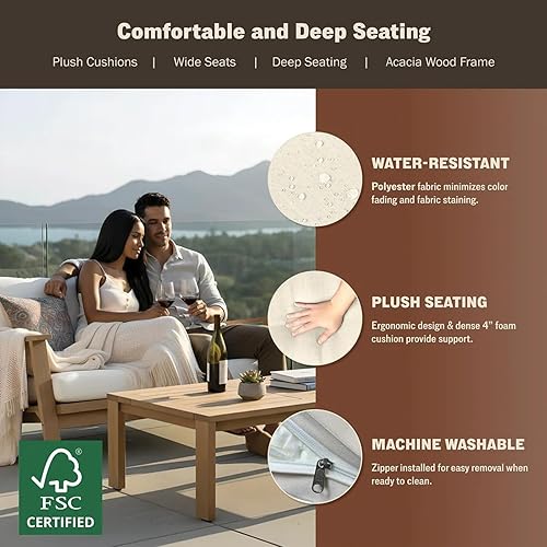 Miniatura 4 de Juego de sofá modular de madera de acacia de 4 piezas para exteriores con sofá biplaza, sillones, mesa auxiliar, juego de chat de 4 plazas, juegos
