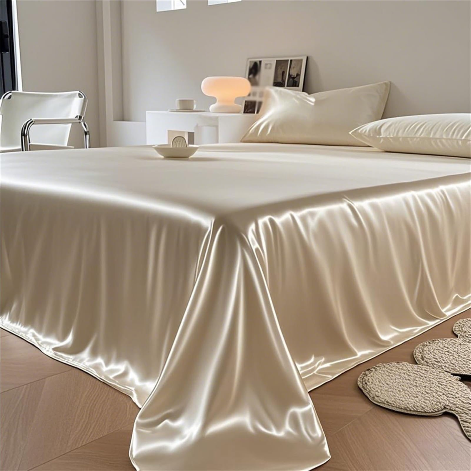 Sabanas encimeras de satén 170x230cm 230x250cm 250x250cm Ropa de Cama Suave y de Lujo sábana Plana Sedosa refrescante for el Cabello y la Piel(Yellow,250x250cm+48x74cm x2)