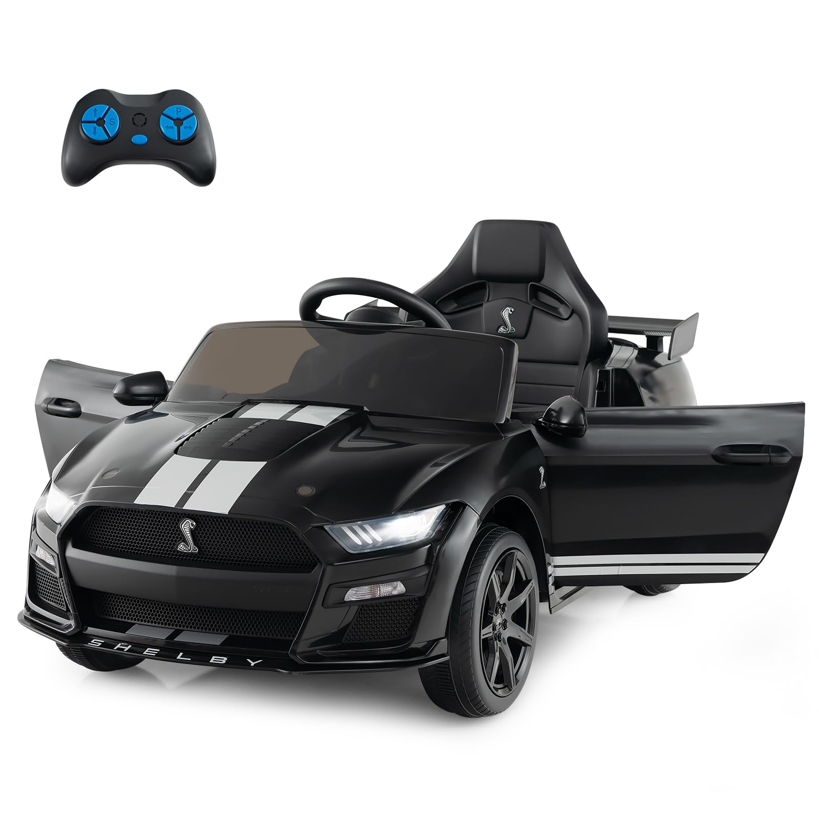 GYMAX 12V Kids Electric Ride on Car, Battery Powered Toy Vehicle with Remote Control, USB Port, Music, Light & Horn, Licensed Ford Mustang Children Electric Car for 3-8 Years Old (Black)