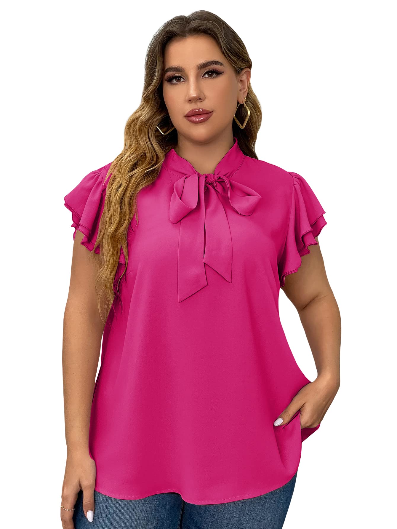 OYOANGLEWomen's Plus Size Short Sleeve Loose Blouse Tie Neck Tunic Top Work Office Shirt