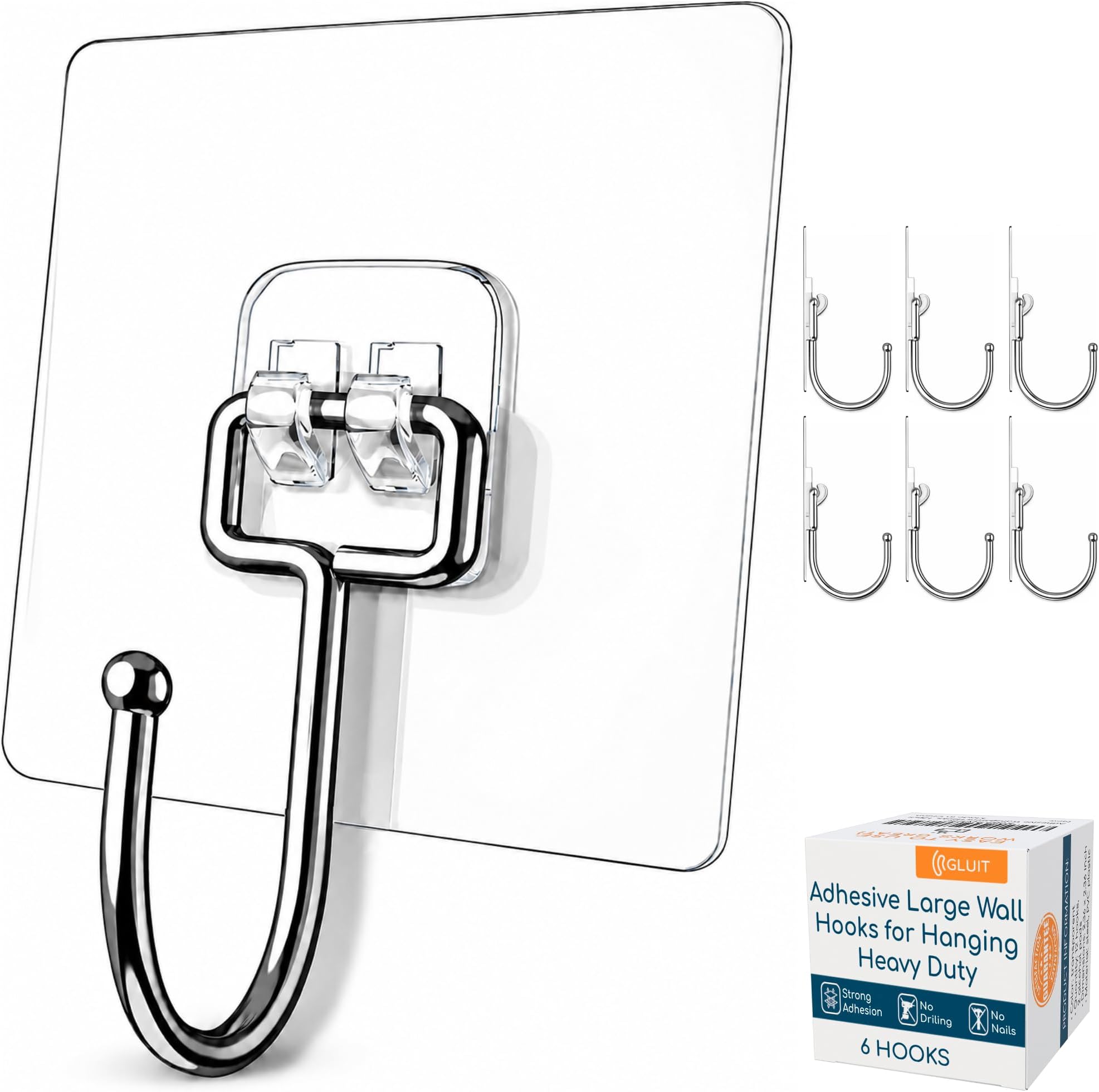 GLUIT Adhesive Large Wall Hooks for Hanging Heavy Duty 22 lbs Hooks for Walls No Damage, Towel Sticky Clear Hooks, Waterproof, Home, Bathroom, Kitchen, Office, and Outdoor 6 Pack