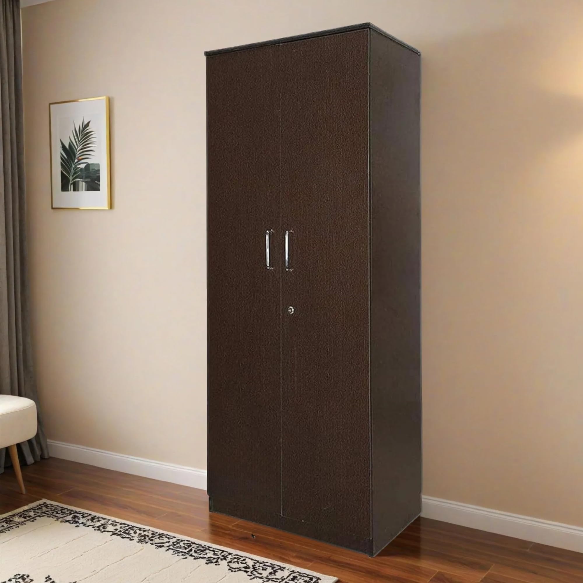 CASPIAN Furniture 2 Door Wardrobe/Cupboard in Brown with 2 Drawers, 3 Shelves and Hanging Space for Clothes| Size 75 x 24 x 19 inches (Brown Finish)-image-23