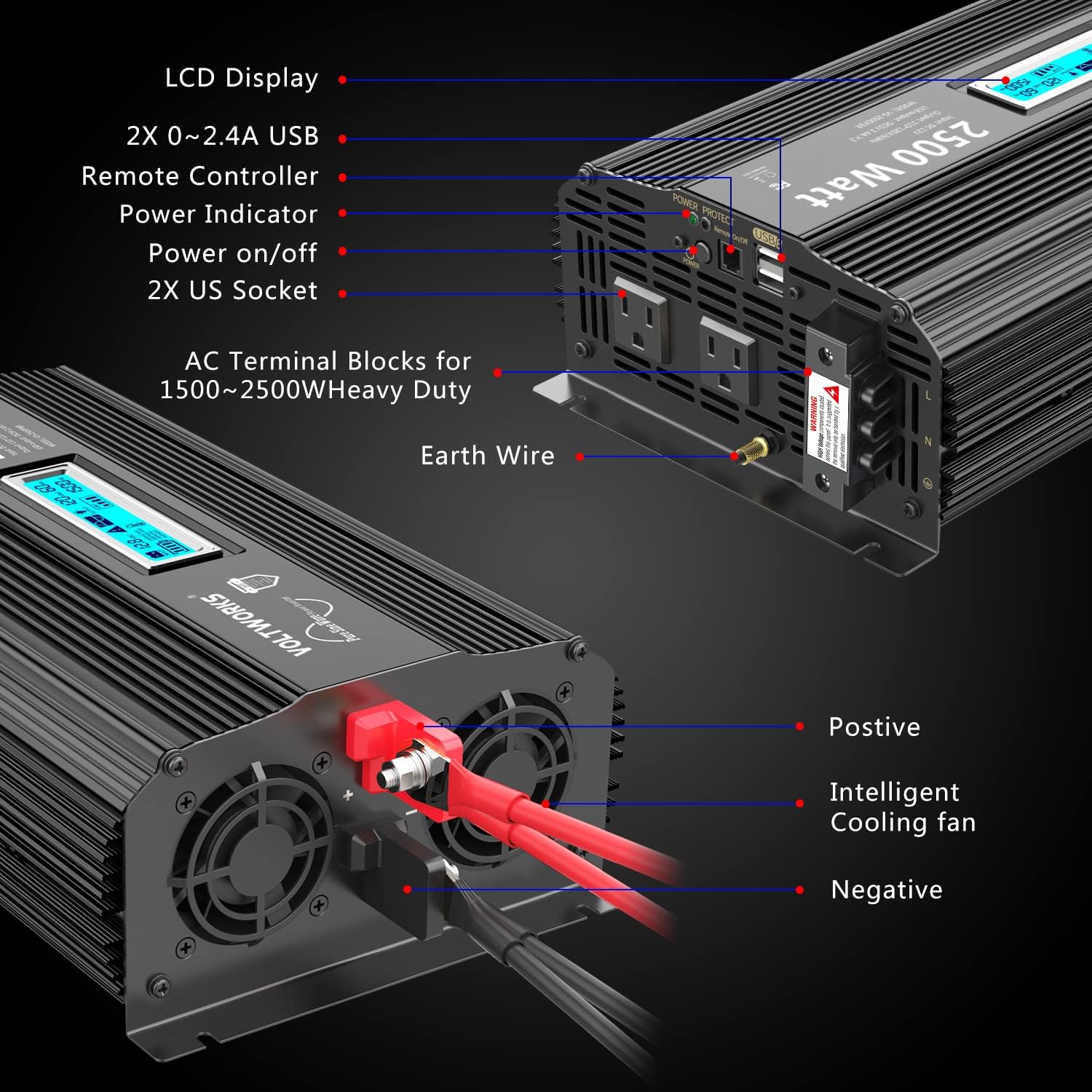 70% оƒƒ Dіѕсоunt Pure Sine Wave 2500 Watt Car Power Inverter 2500w Converter DC 12V to 110V-120V AC with LCD Display 2 AC Outlets 2x2.4A USB Ports 1 AC Terminal Block Remote Control[3 Years Warranty] by VOLTWORKS