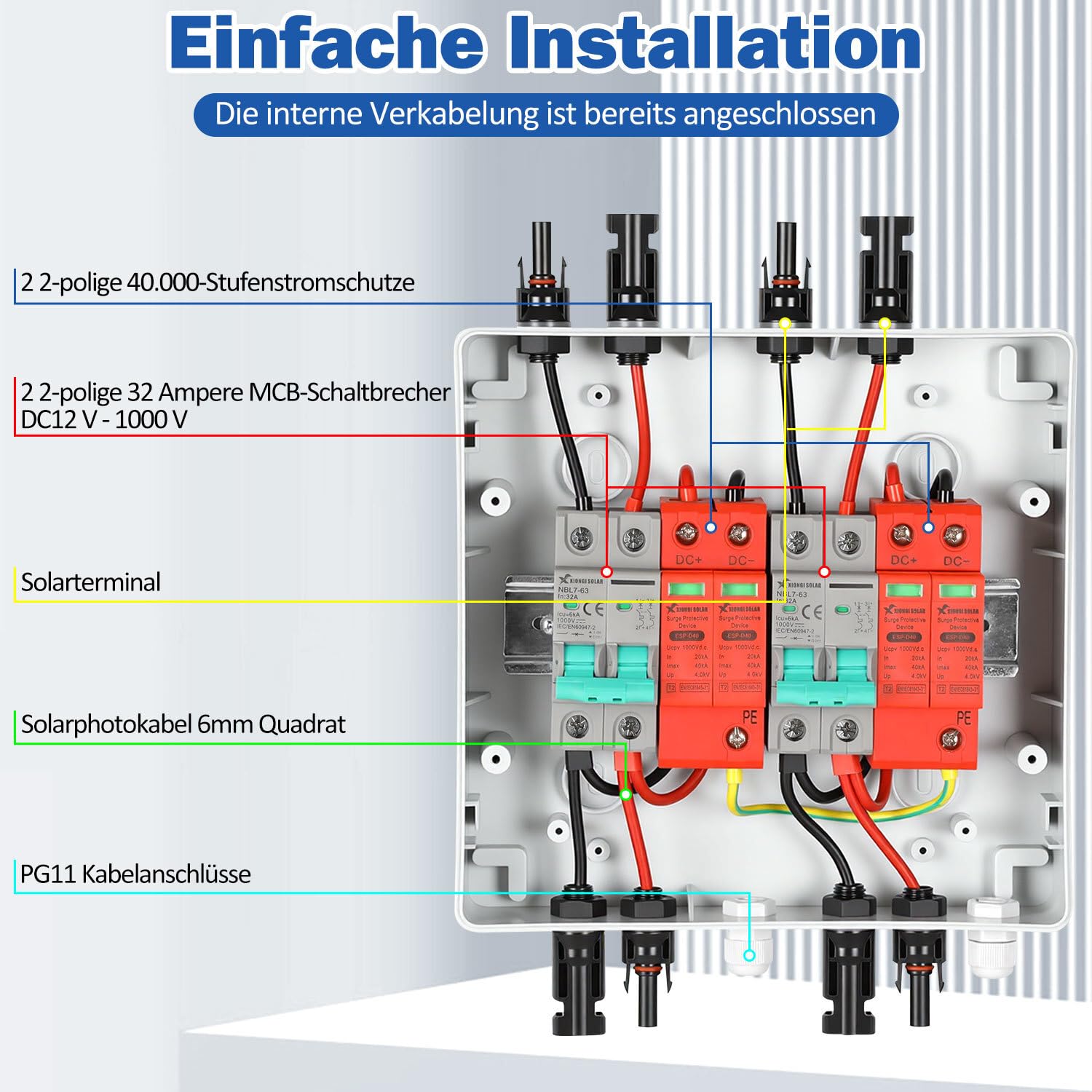 PV Combiner Box 2-String mit Überspannungsschutz und DC-Trennschalter, 1000V 32A, IP65 wetterfest, inkl. Solarstecker und Montagezubehör