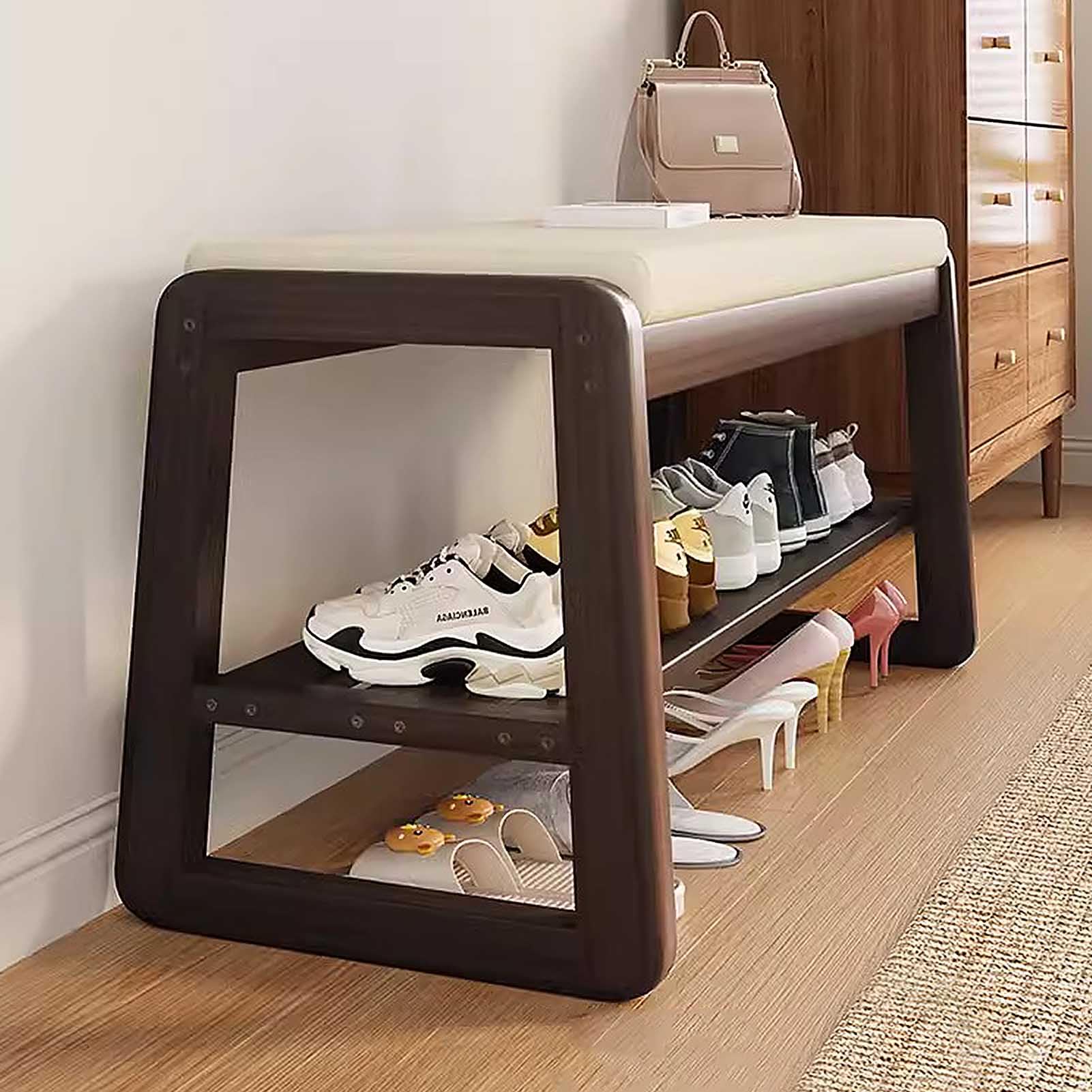 Banco de Almacenamiento para baño, Almacenamiento de Zapatos, Entrada, Pasillo pequeño, Banco de bambú con Almacenamiento y Asiento de Cuero PU Sushion